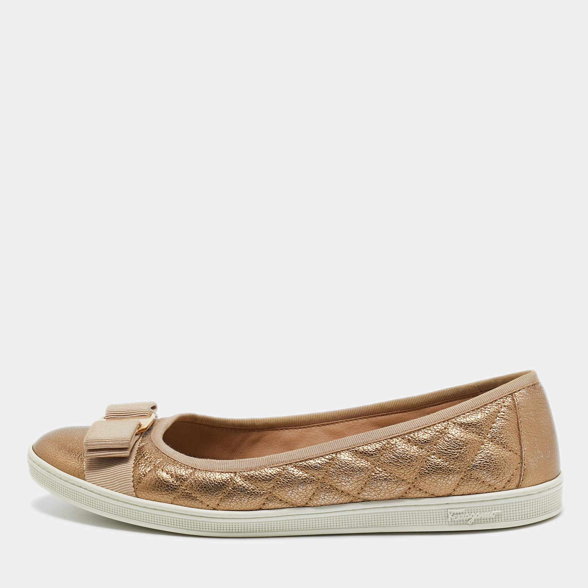 Pre Owned Salvatore Ferragamo Gold Leather Varina Ballet Flats Size 37