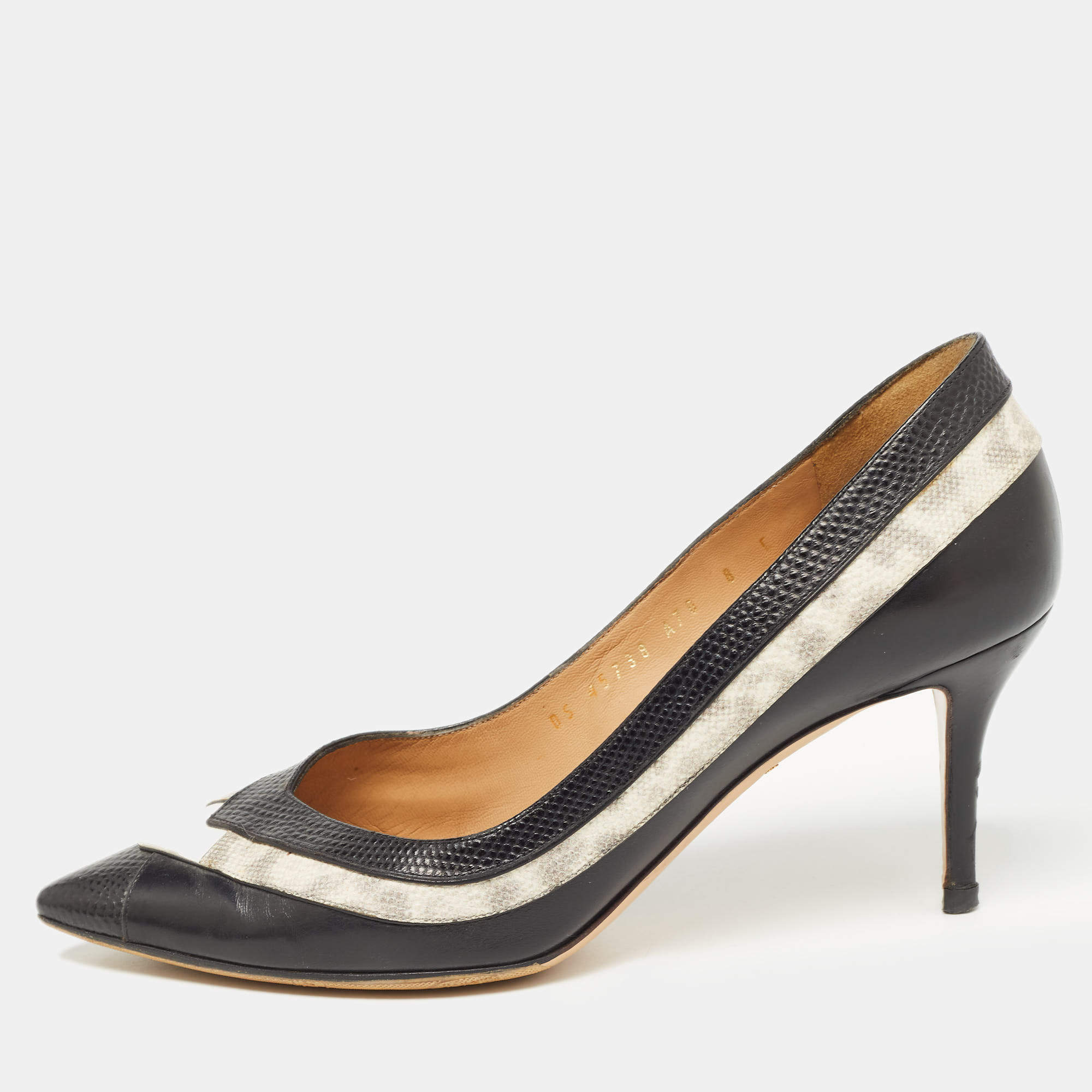 Salvatore Ferragamo Black/White Textured Leather Pointed Toe Pumps Size 38.5 