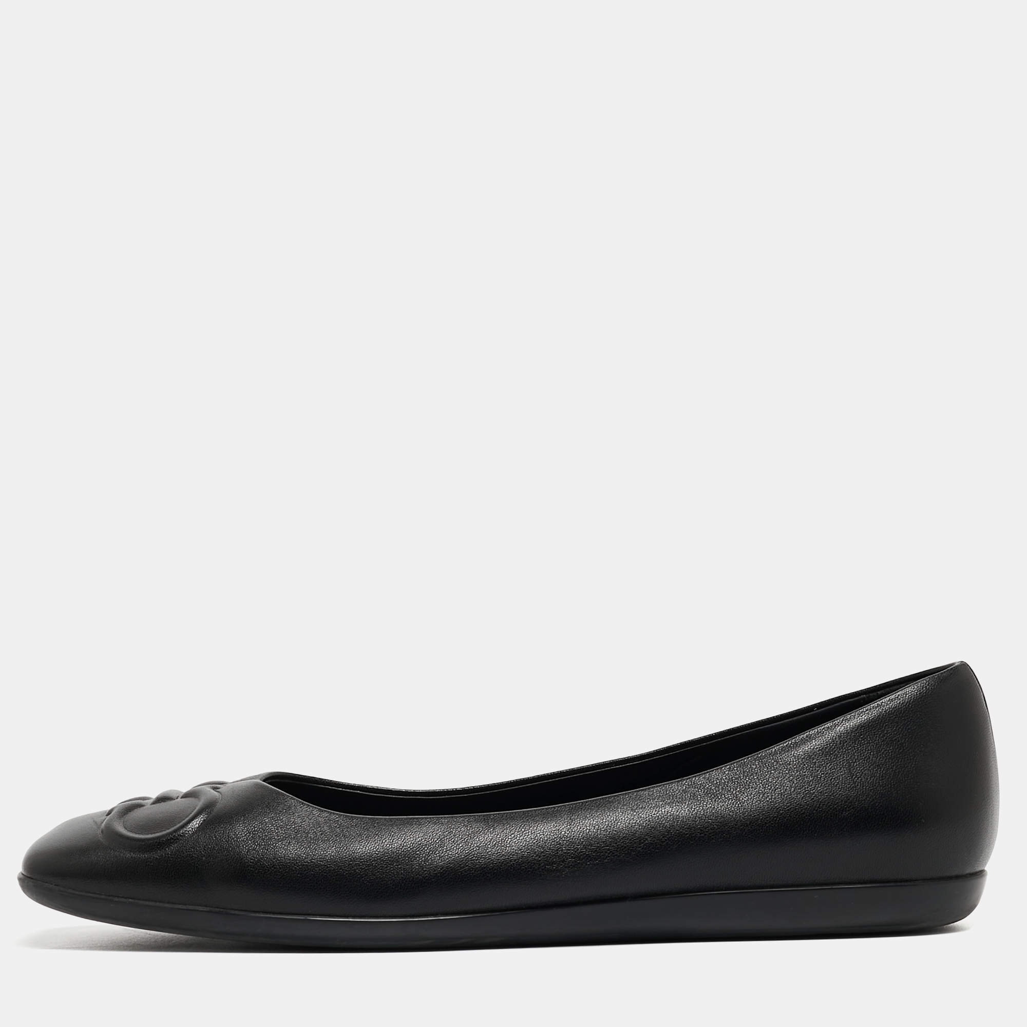 مملوكة مسبقًا Salvatore Ferragamo Black Leather Square Toe Ballet Flats Size 39.5