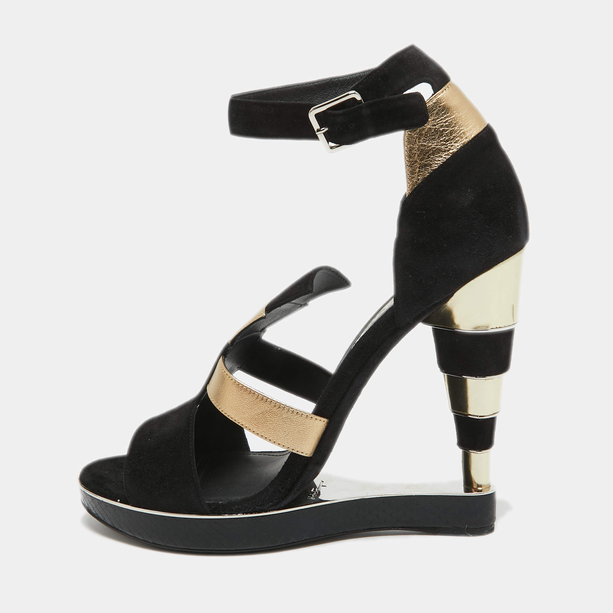 Salvatore Ferragamo Black/Gold Suede, Watersnake and Leather Lexus Platform Sandals Size 39.5