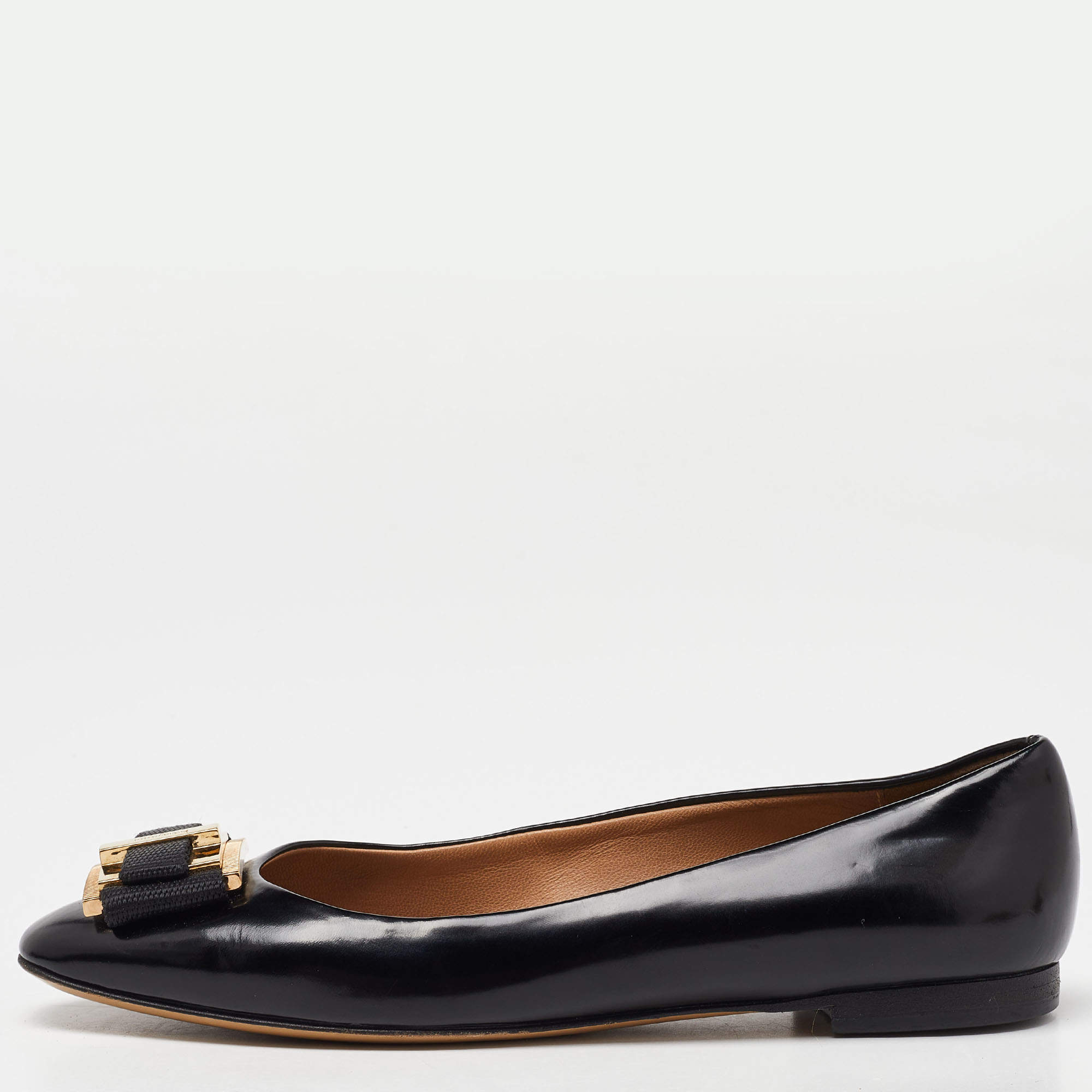 Salvatore Ferragamo Black Patent Leather Buckle Ballet Flats Size 35.5