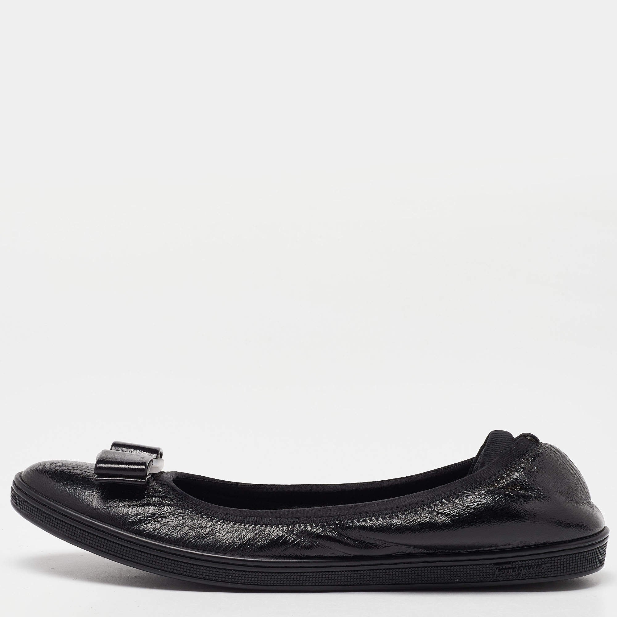 Pre Owned Salvatore Ferragamo Black Leather Vara Bow Ballet Flats Size 38