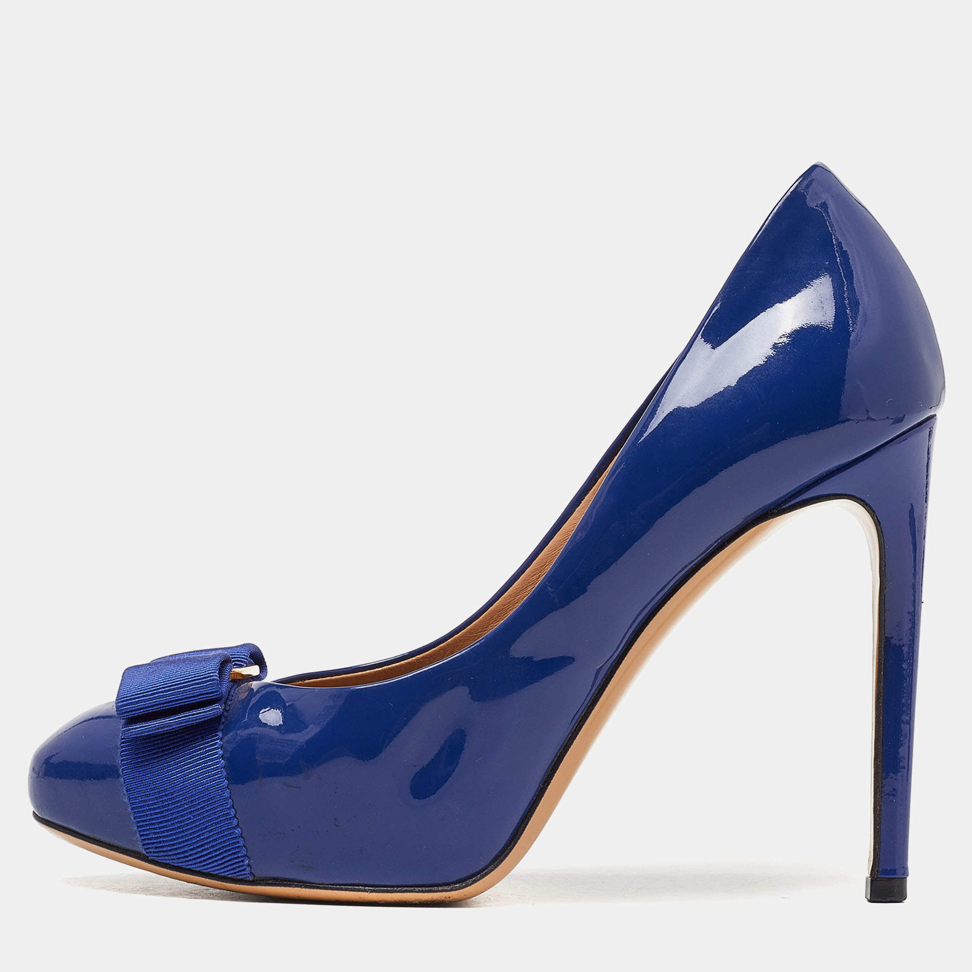 Pre Owned Salvatore Ferragamo Blue Patent Leather Vara Bow Platform Pumps Size 36