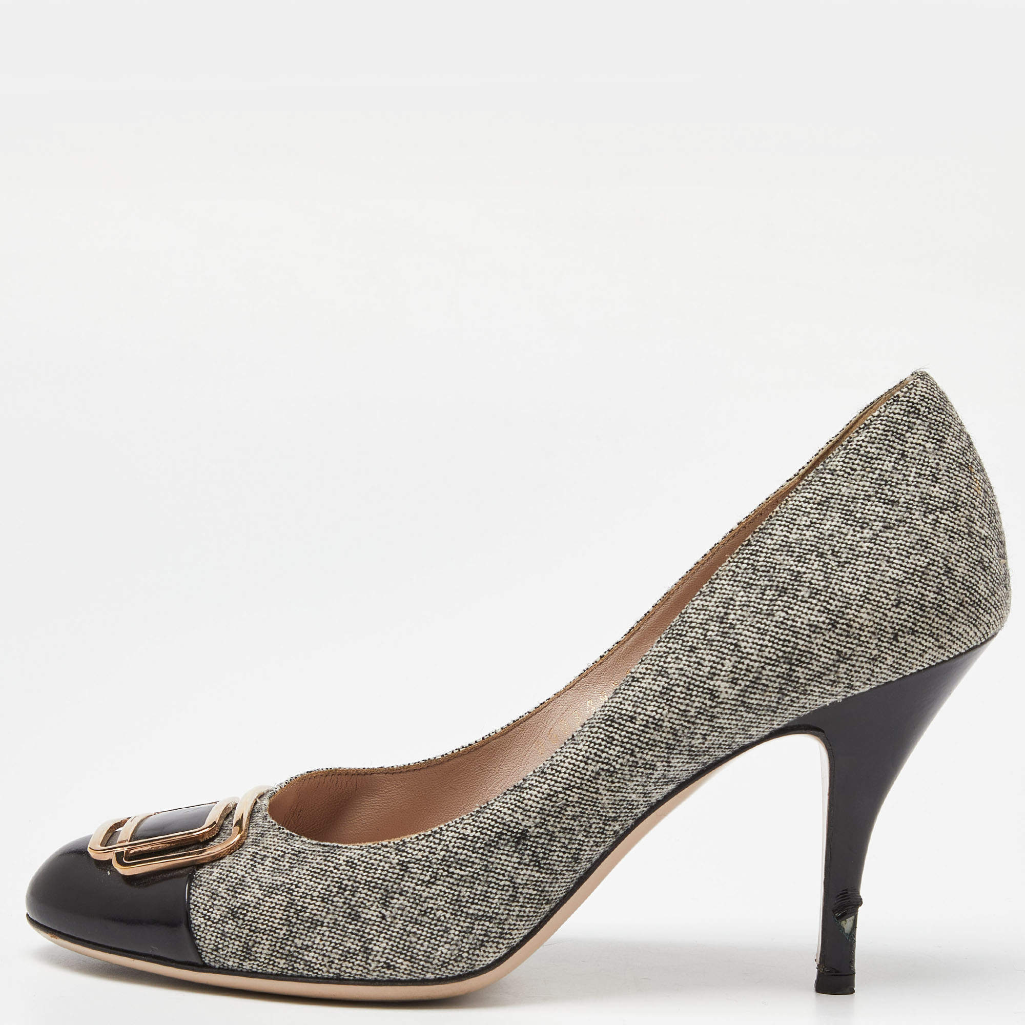 Salvatore Ferragamo Black/Grey Leather and Tweed Buckle Detail Pumps Size 39.5