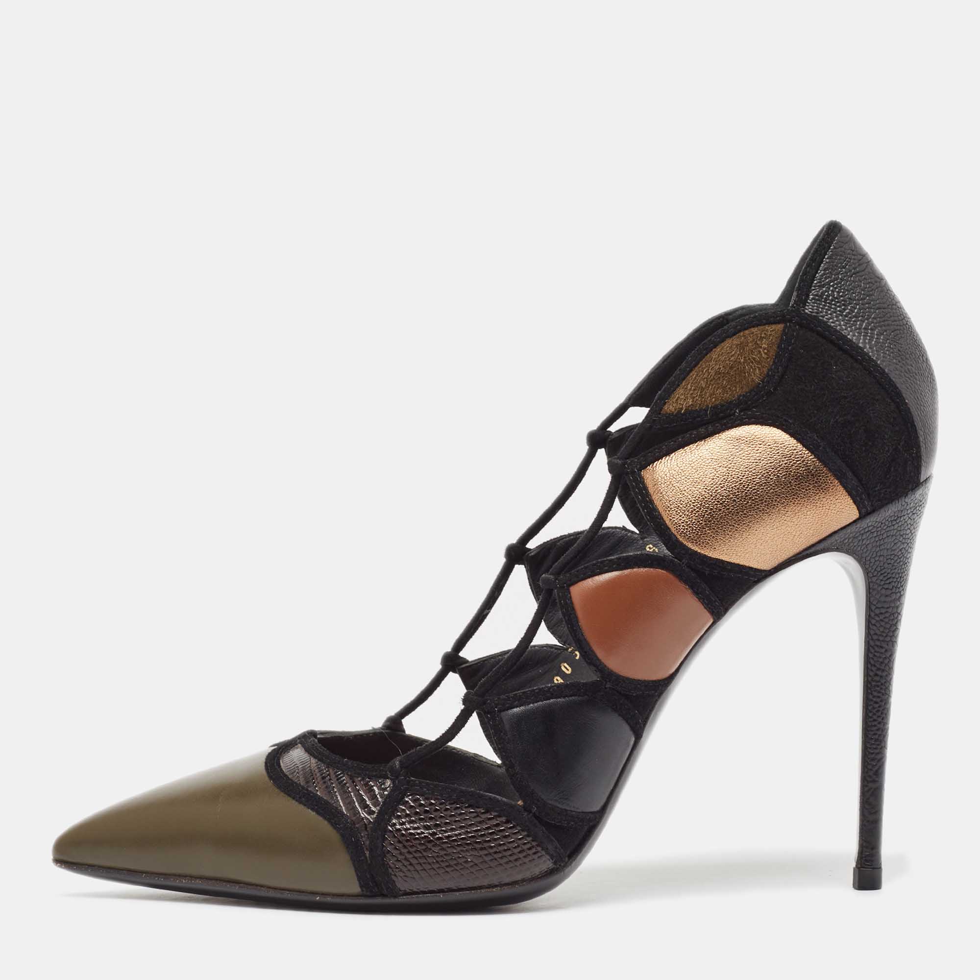 Pre Owned Salvatore Ferragamo Multicolor Leather and Suede Pointed Toe Pumps Size 38.5