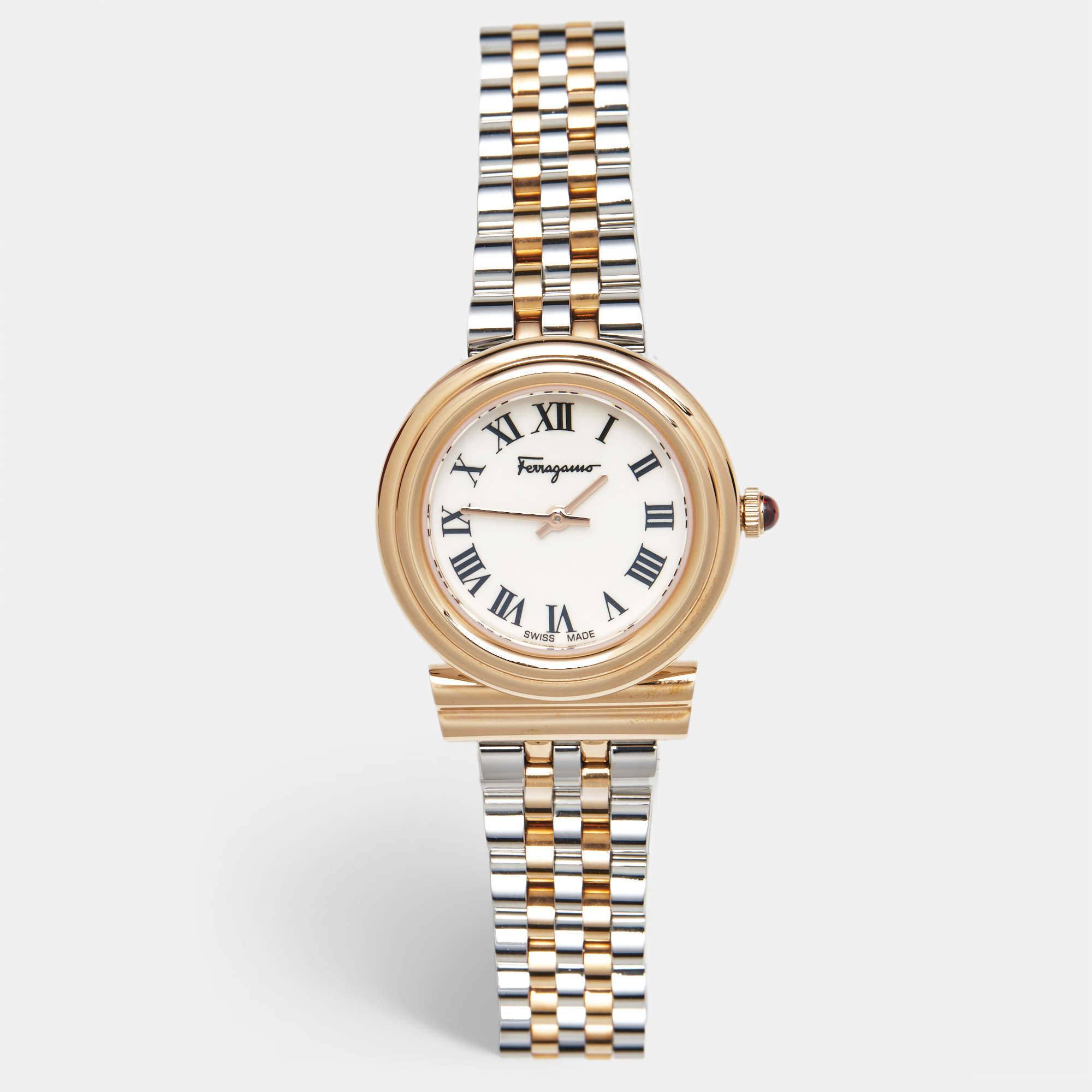 Pre Owned Salvatore Ferragamo White Two-Tone Stainless Steel Gancini SFMV00422 Women's Wristwatch 28 mm