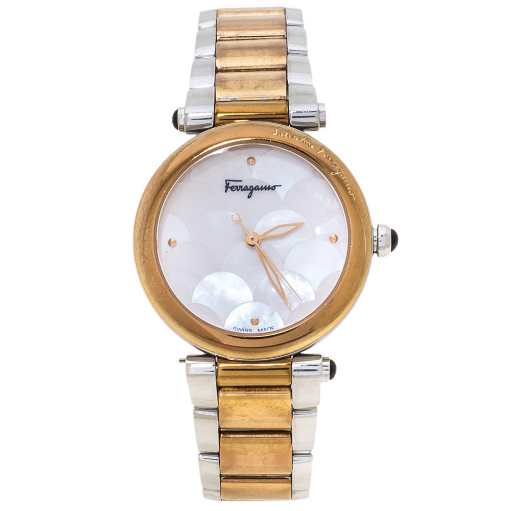 Pre Owned Salvatore Ferragamo Mother of Pearl Two-Tone Stainless Steel Idillio F76 Women's Wristwatch 34 mm