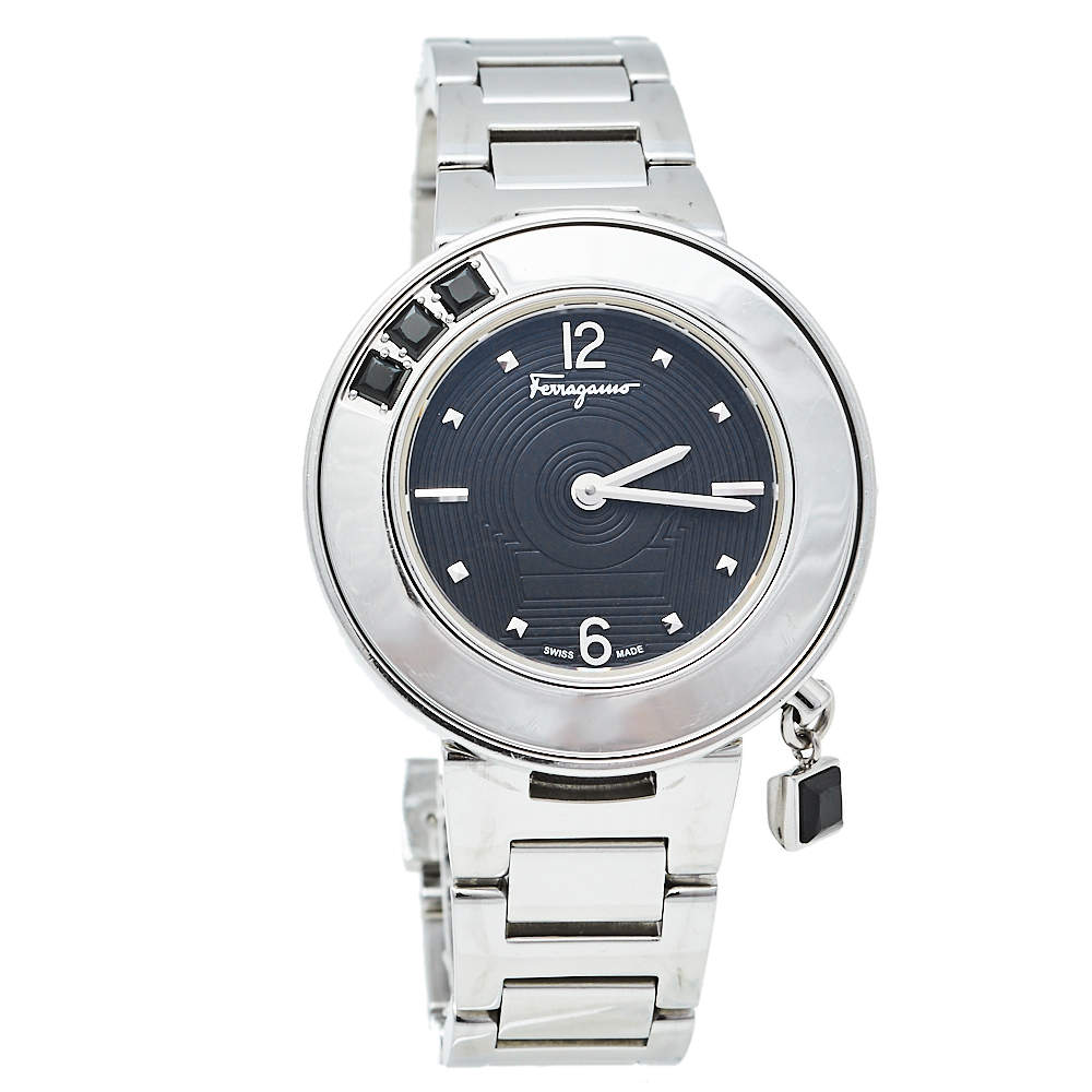 Pre Owned Salvatore Ferragamo Black Stainless Steel Gancino Sparkling F64 Women's Wristwatch 36 mm