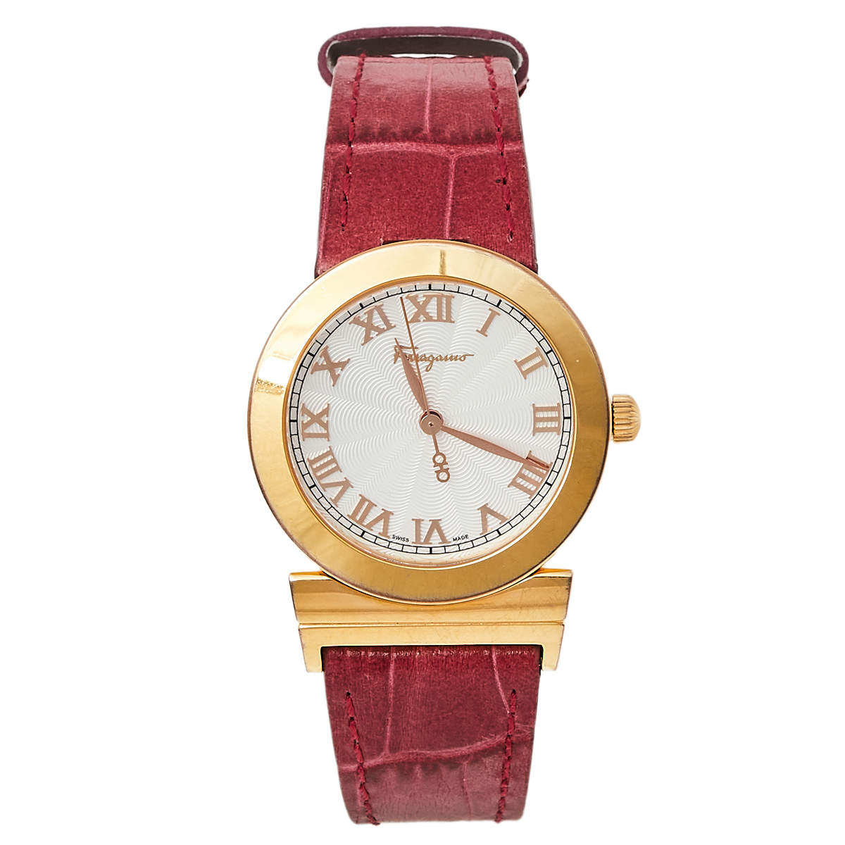 ساعة يد نسائية سالفاتوري فيراغامو جراند ميزون F72 ستانلس ستيل مطلي ذهبي وجلد فضية  33 مم