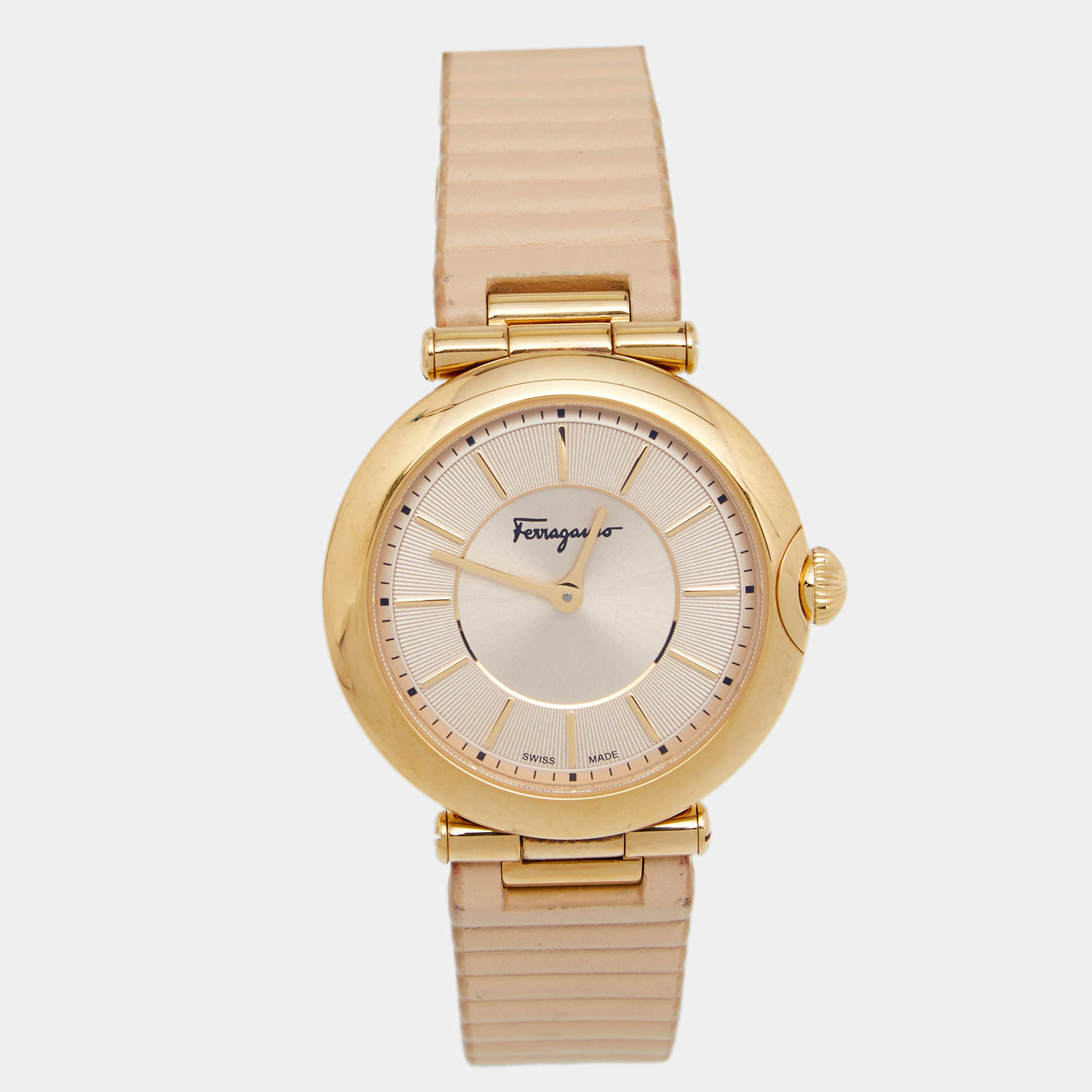 مملوكة مسبقًا Salvatore Ferragamo Beige Gold Plated Stainless Steel Leather FIN020015 Women's Wristwatch 36 mm