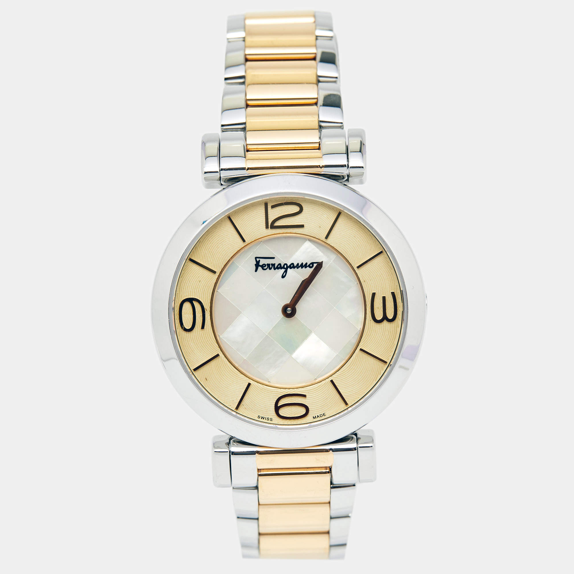 مملوكة مسبقًا Salvatore Ferragamo Mother Pearl Two-Tone Stainless Steel Gancino FG3060014 Women's Wristwatch 39 mm