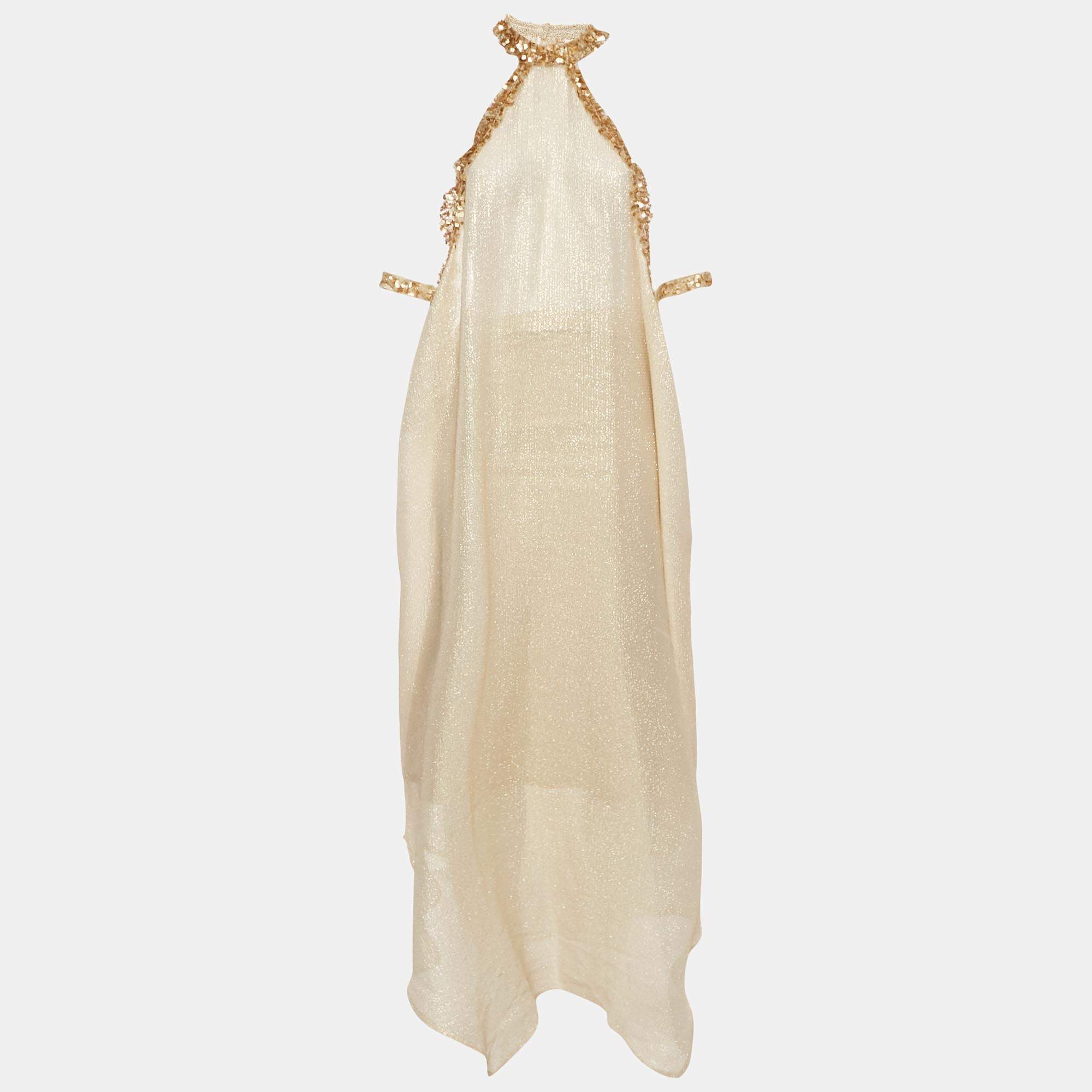 Pre Owned Sana Osmani Gold Sequin Embellished Lurex Loose Fit Midi Dress L