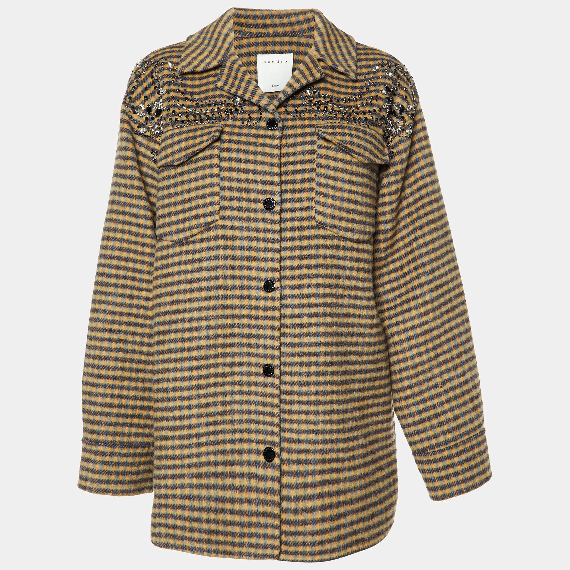 Sandro Orange Checked Wool Embellished Brodan Coat S