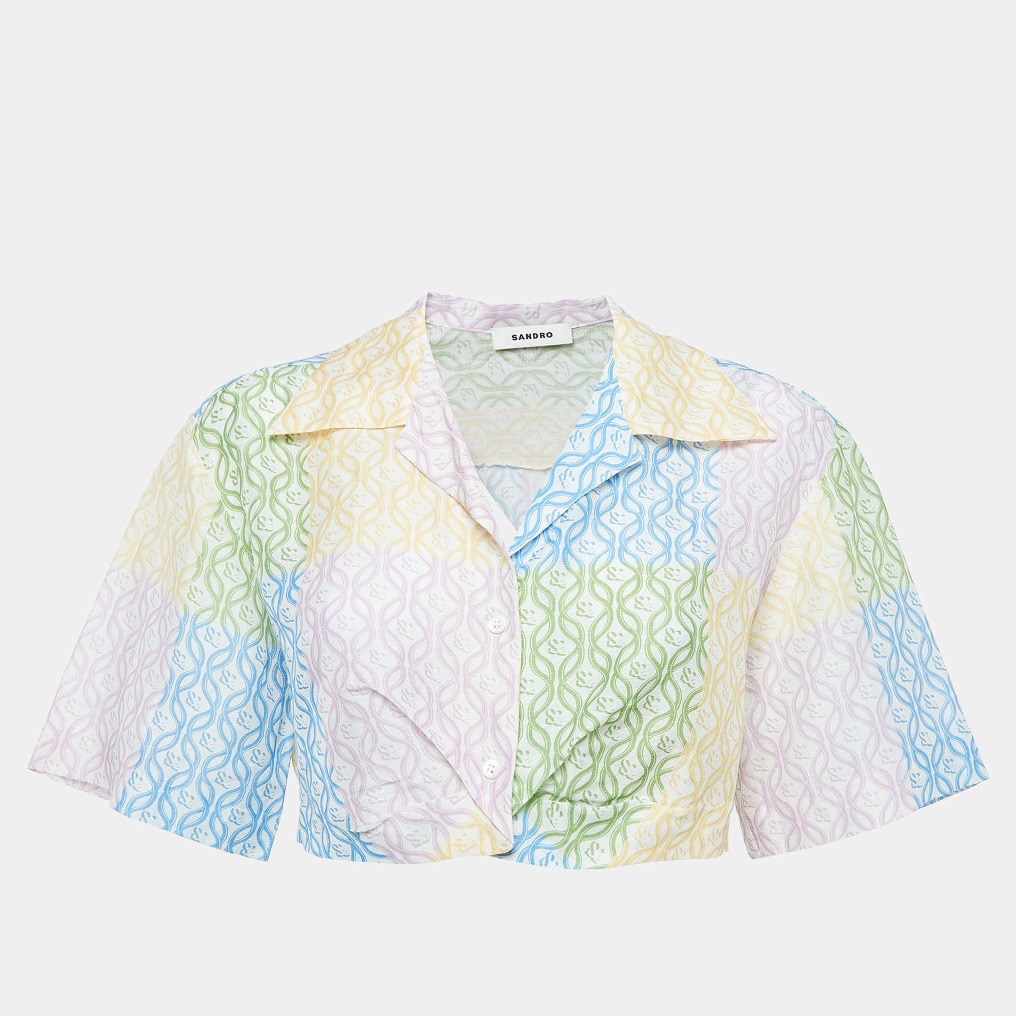 Sandro Multicolor Linen Blend Printed Crop Top M