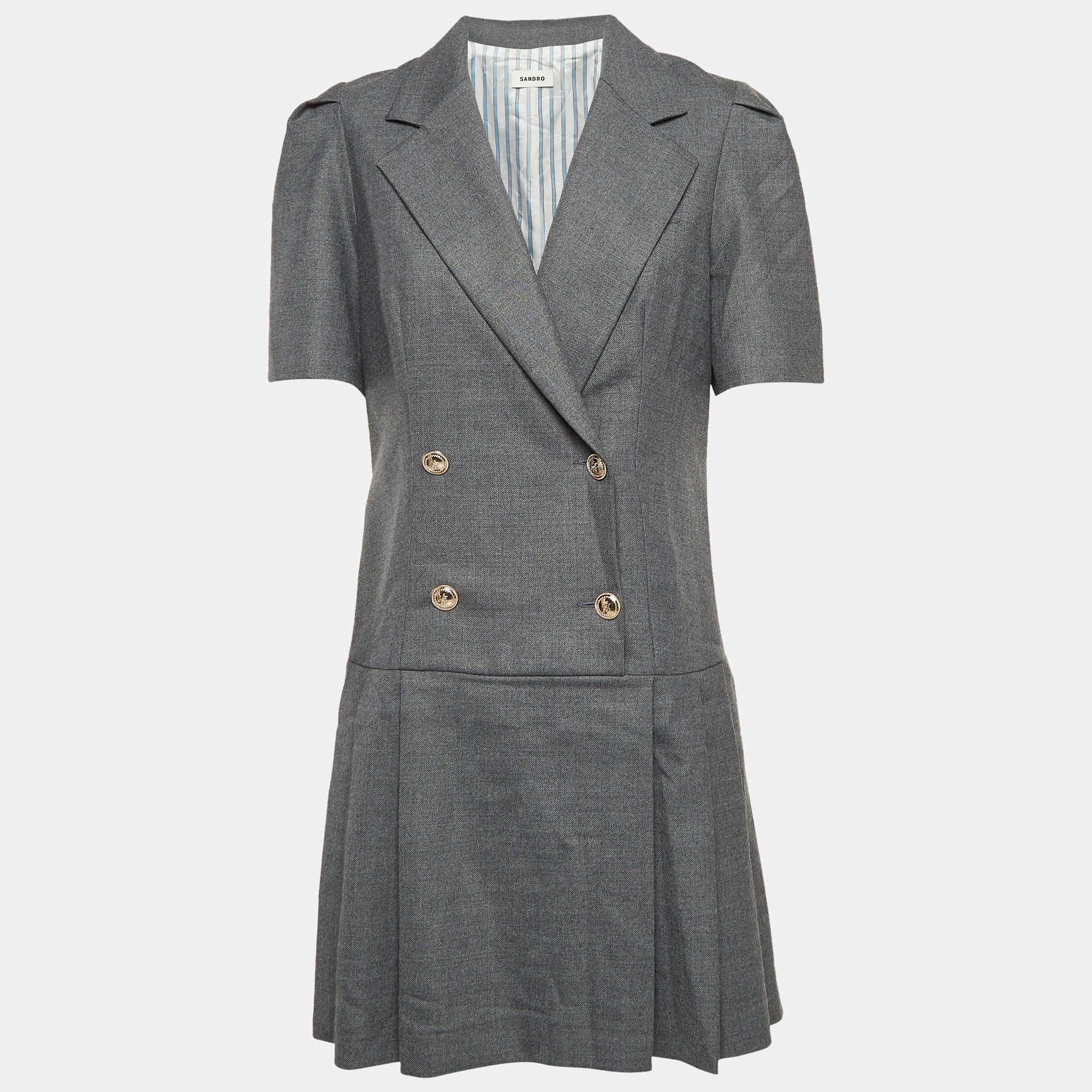 Sandro Grey Gabardine Mini Pleated Blazer Dress L