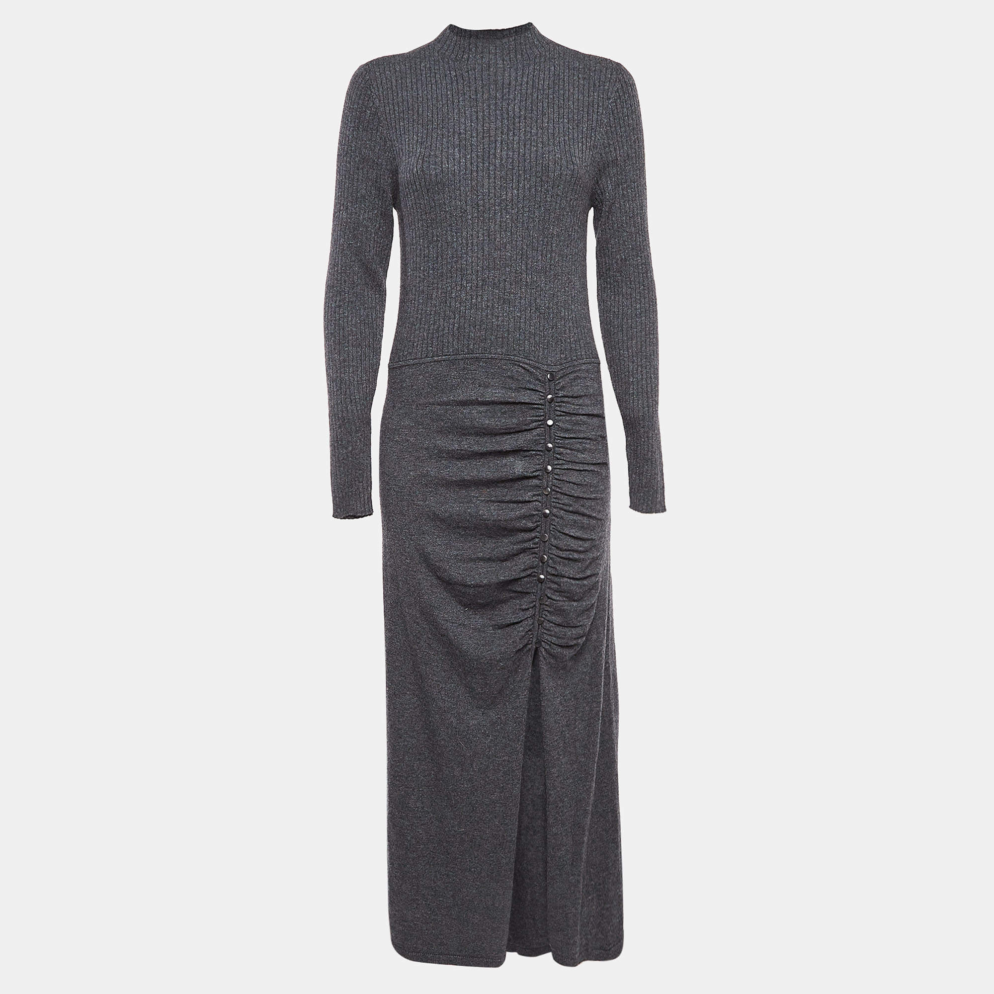 Pre Owned Sandro Grey Rib Knit Buttoned Ruche Detail Midi Dress XL