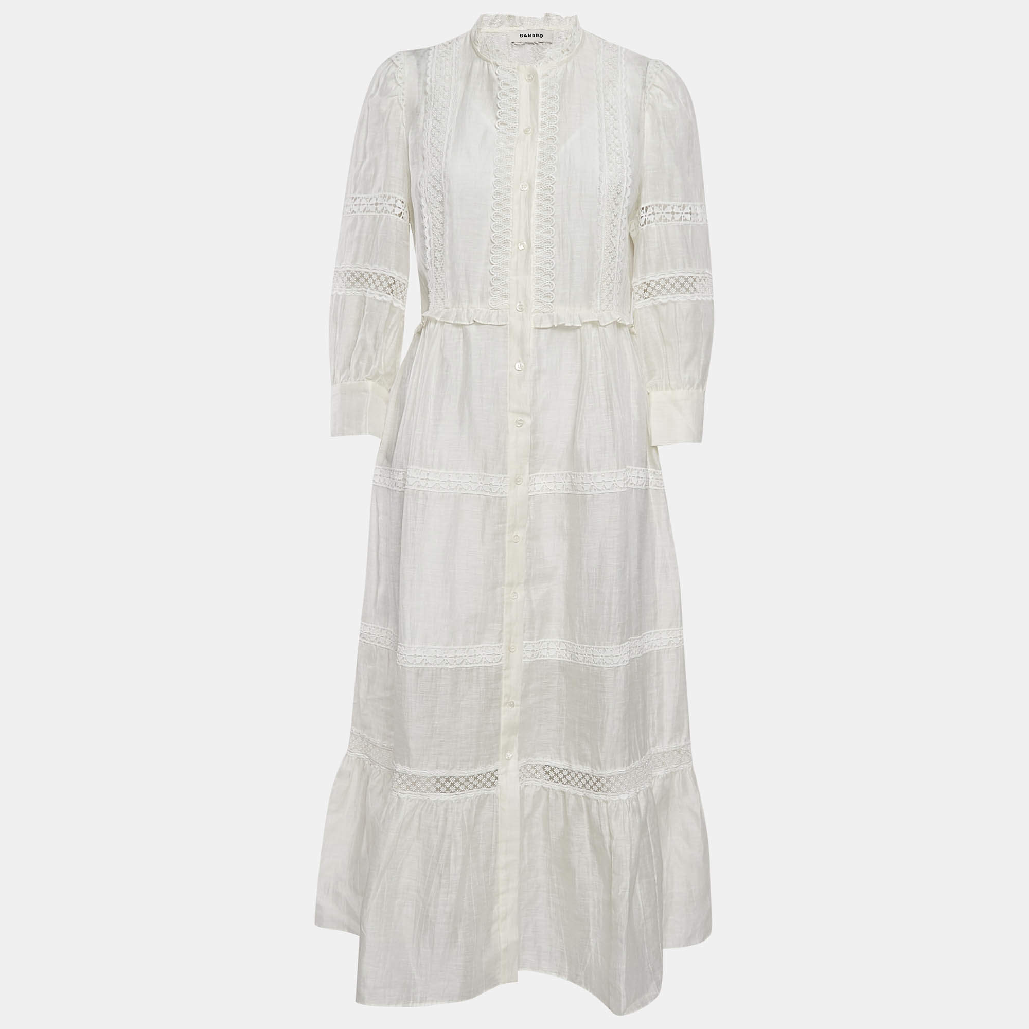 Sandro Ivory White Lace Trim Linen Button Front Midi Dress L