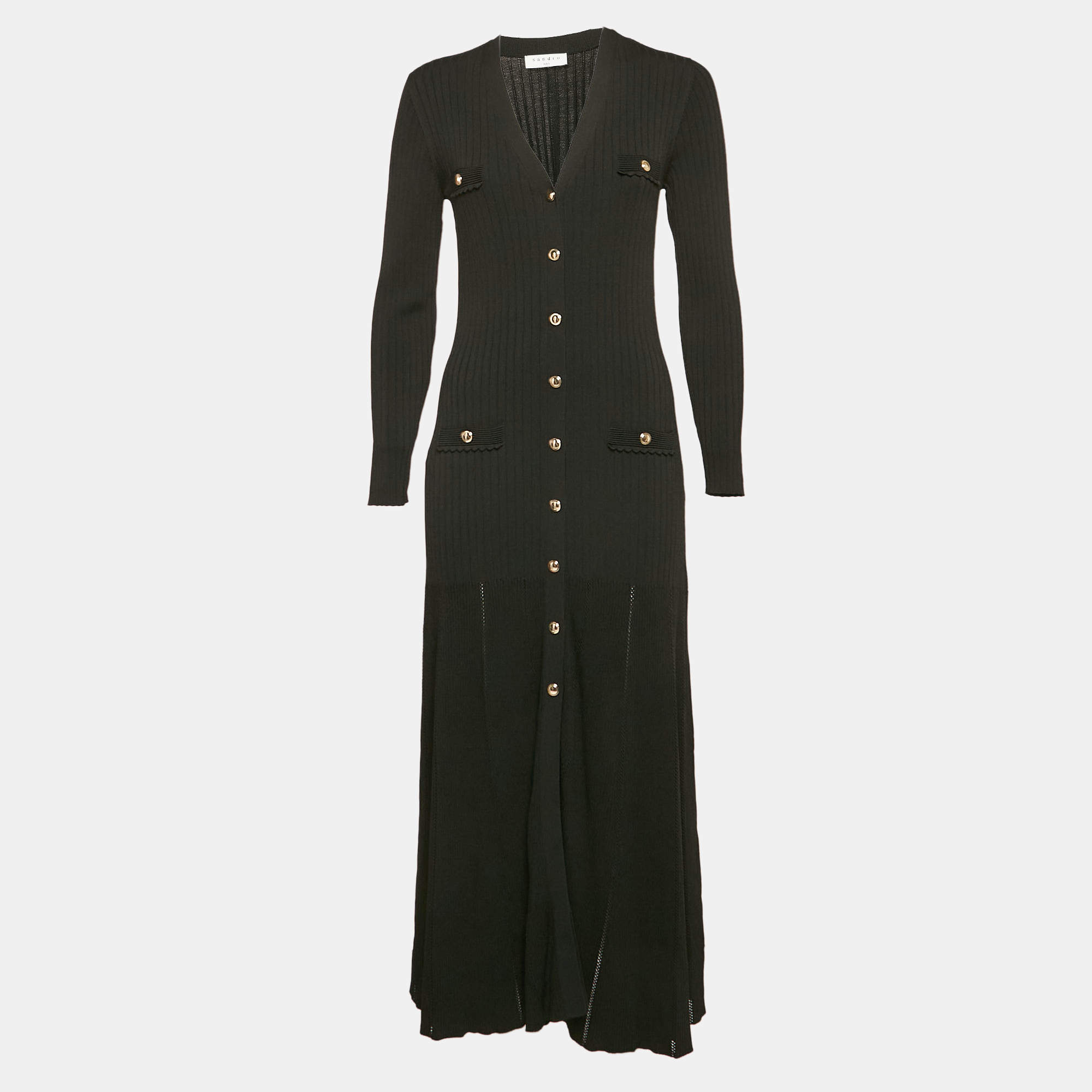 Sandro Black Rib Knit Button Front Full Sleeve Midi Dress L
