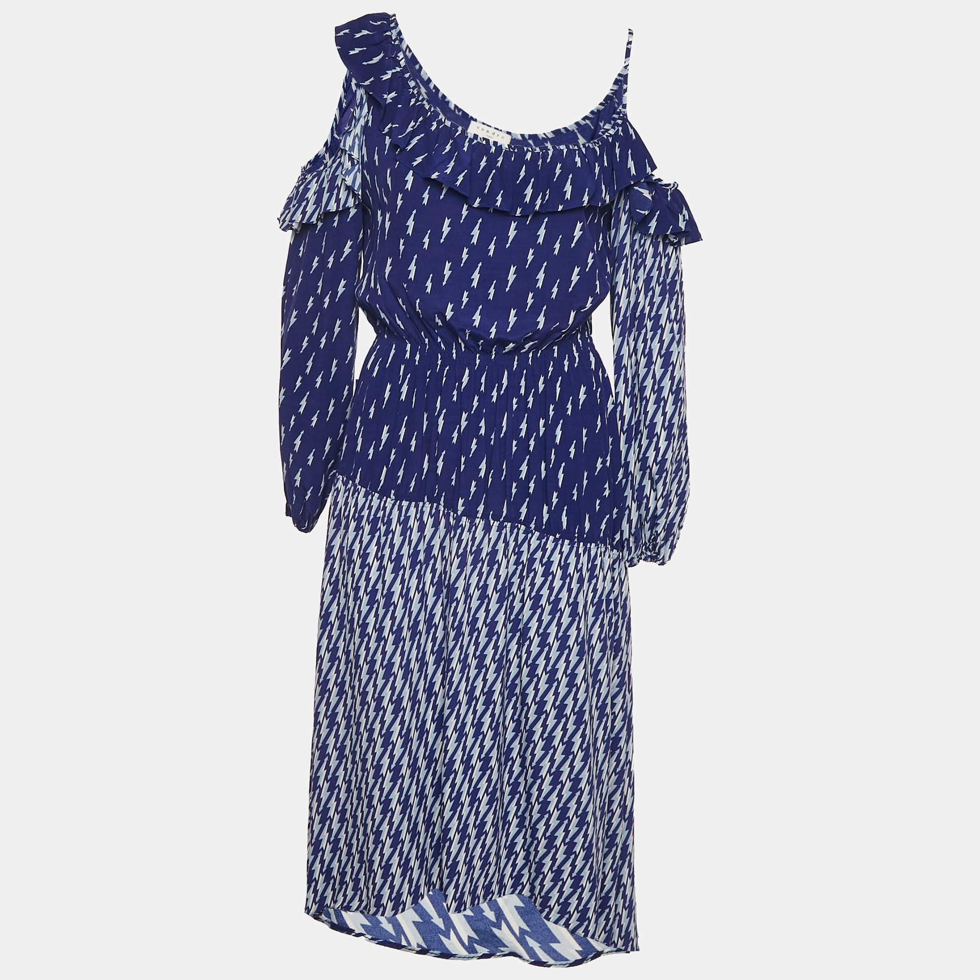 Sandro Blue Lightning Bolt Print Crepe Cold-Shoulder Midi Dress M