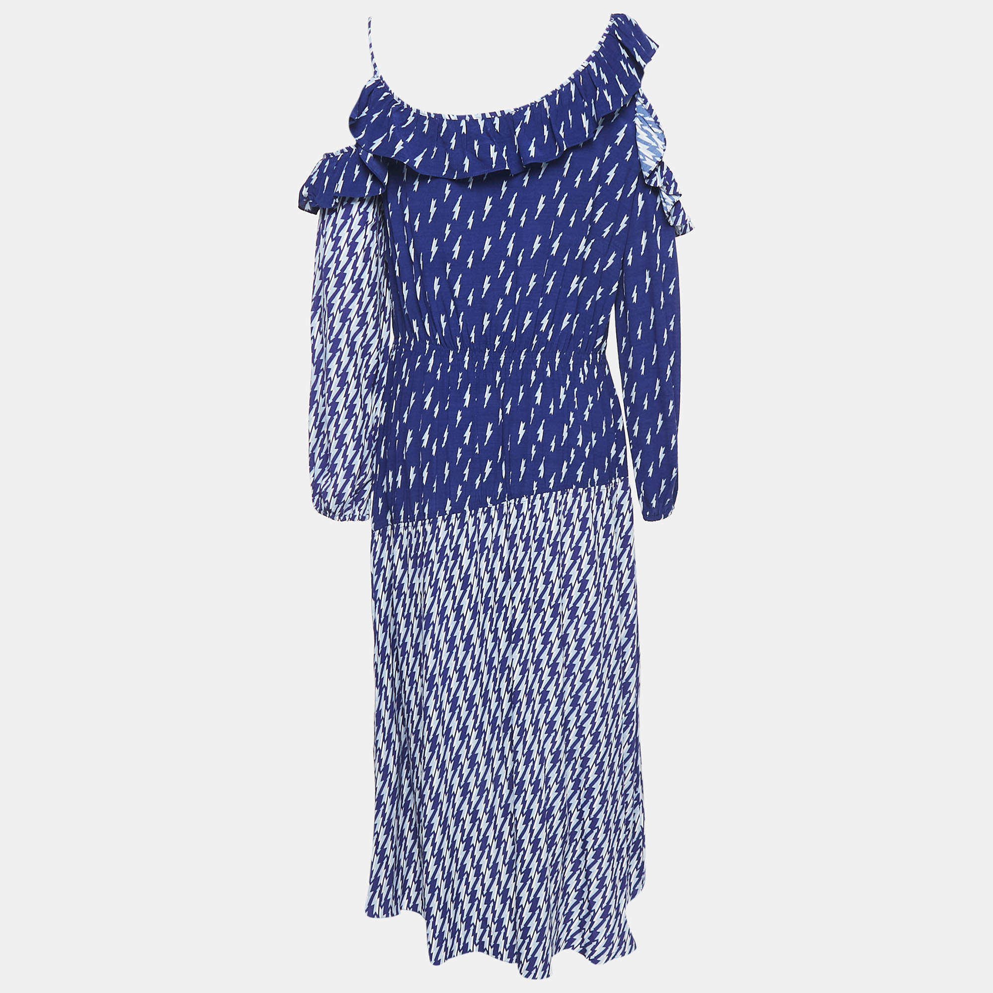 Sandro Blue Lighting Print Crepe Ruffled Cold Shoulder Midi Dress L