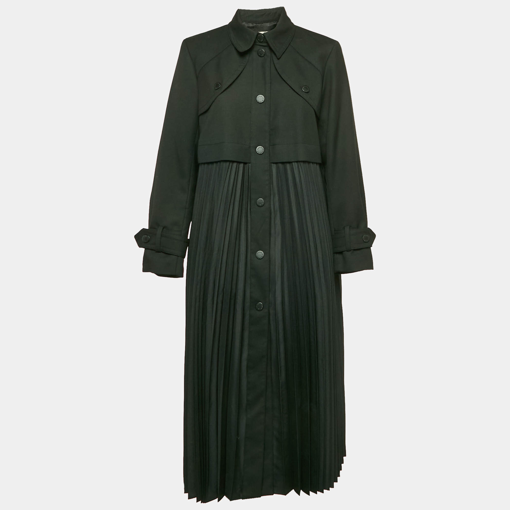 Sandro Black Gabardine and Plisse Long Coat M