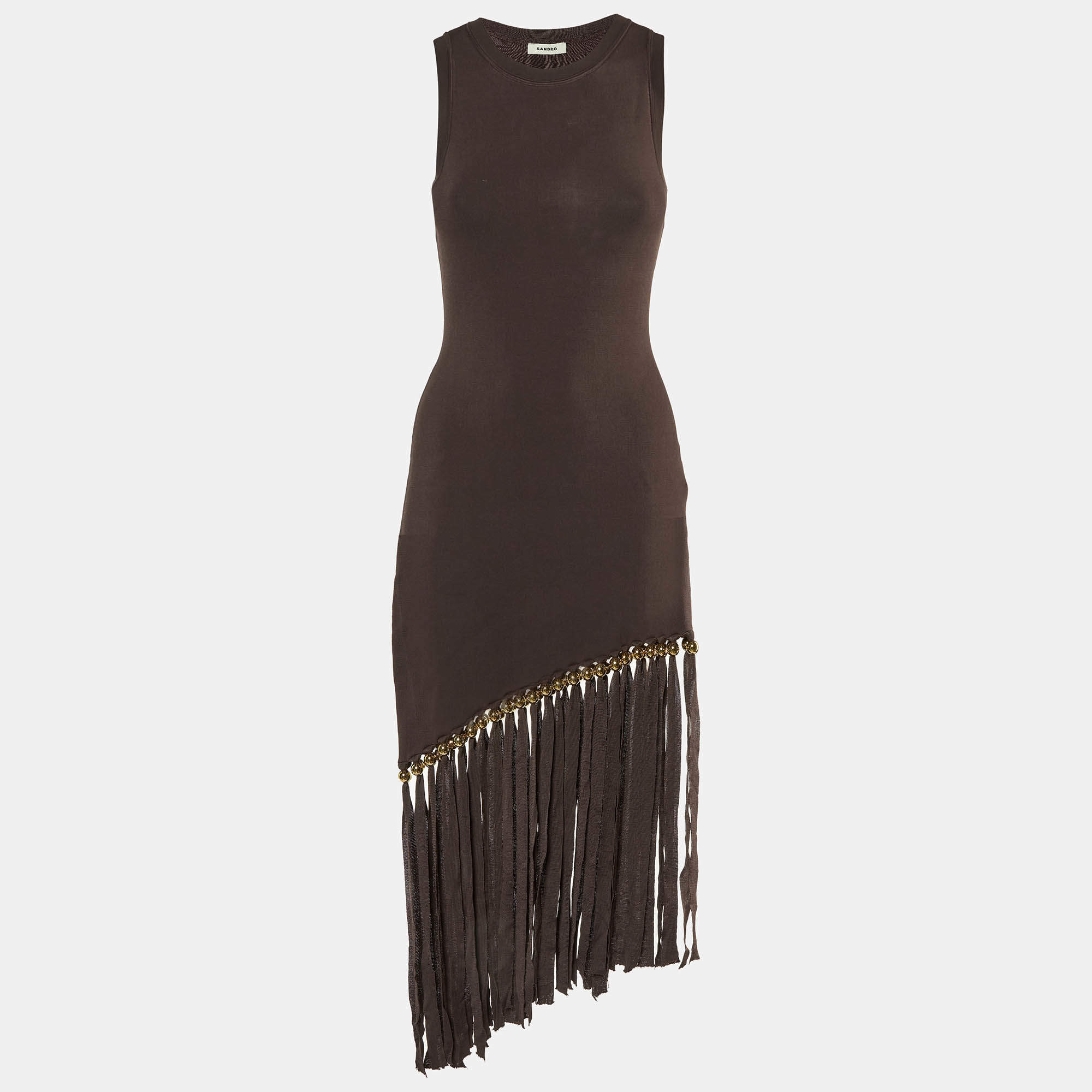 Sandro Brown Knit Fringed Beaded Hem Bodycon Dress S