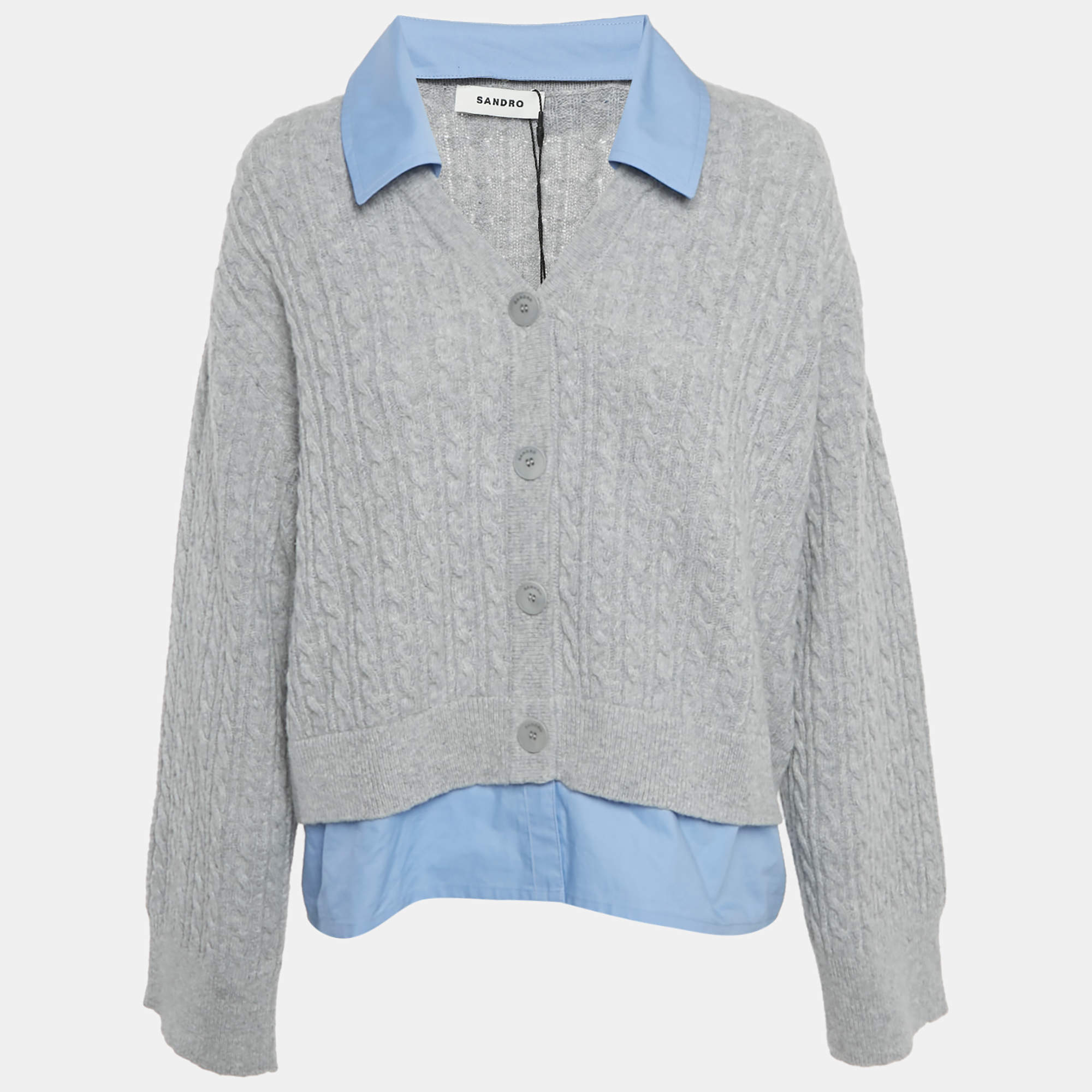 Sandro Grey Cable Knit and Cotton Sweater XL
