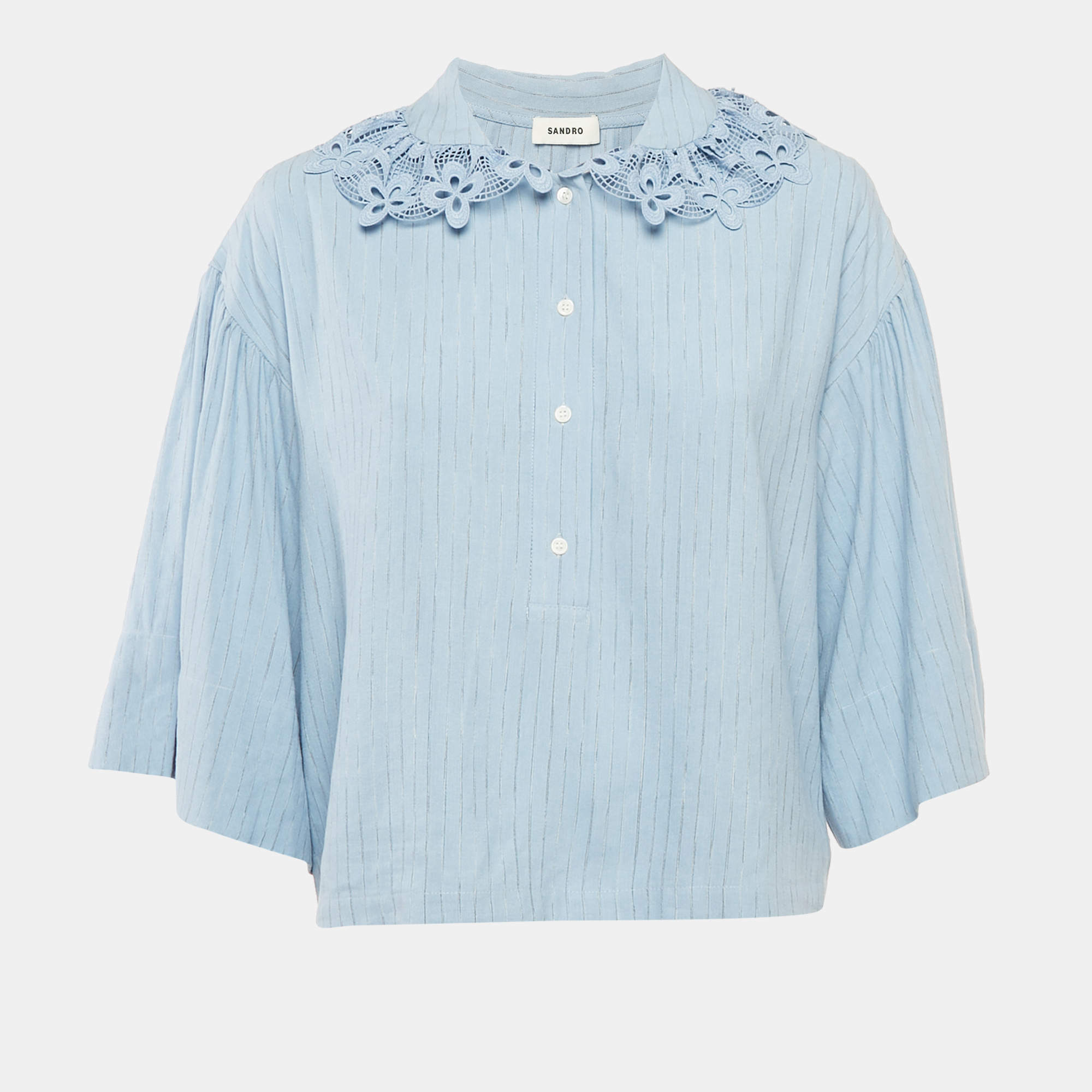 Sandro Blue Striped Linen Blend Lace Collar Tim Top L