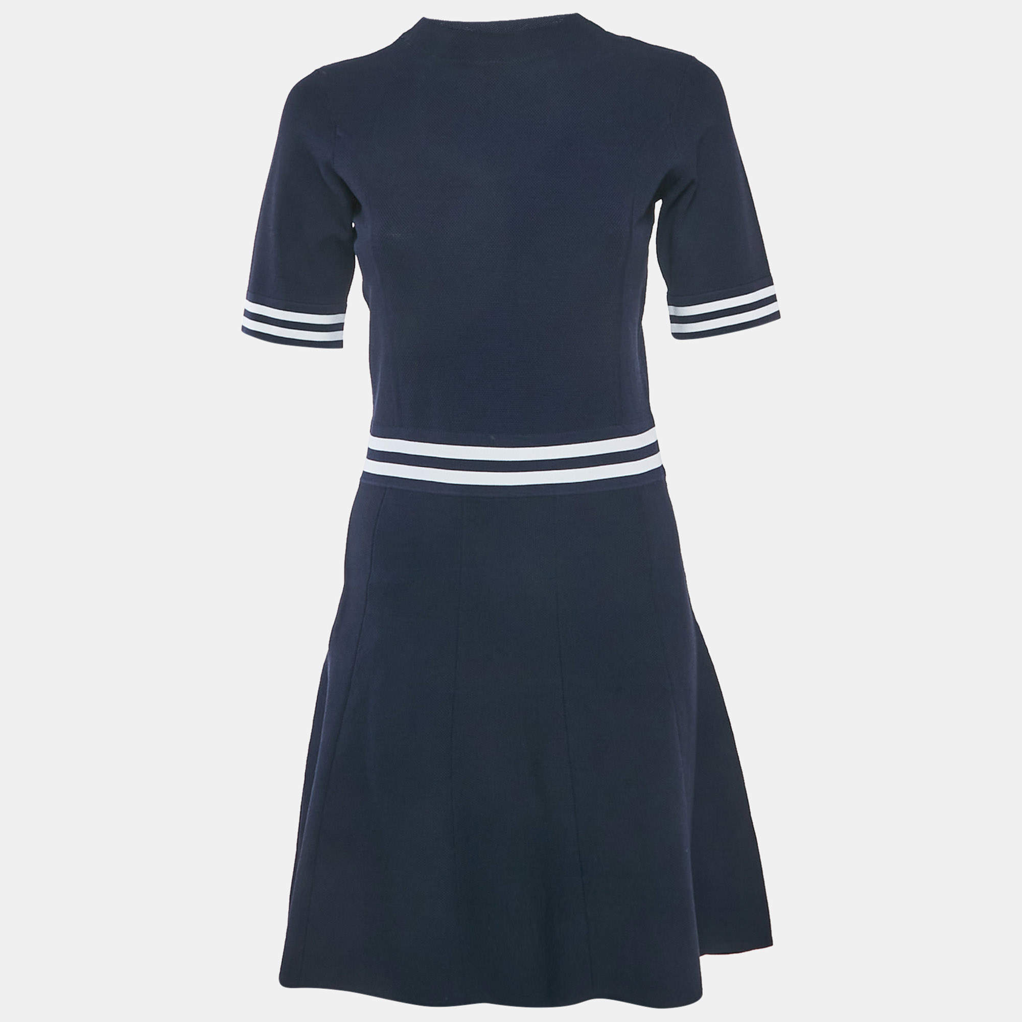 Pre Owned Sandro Navy Blue Knit Striped Band Dettail Mini Dress M