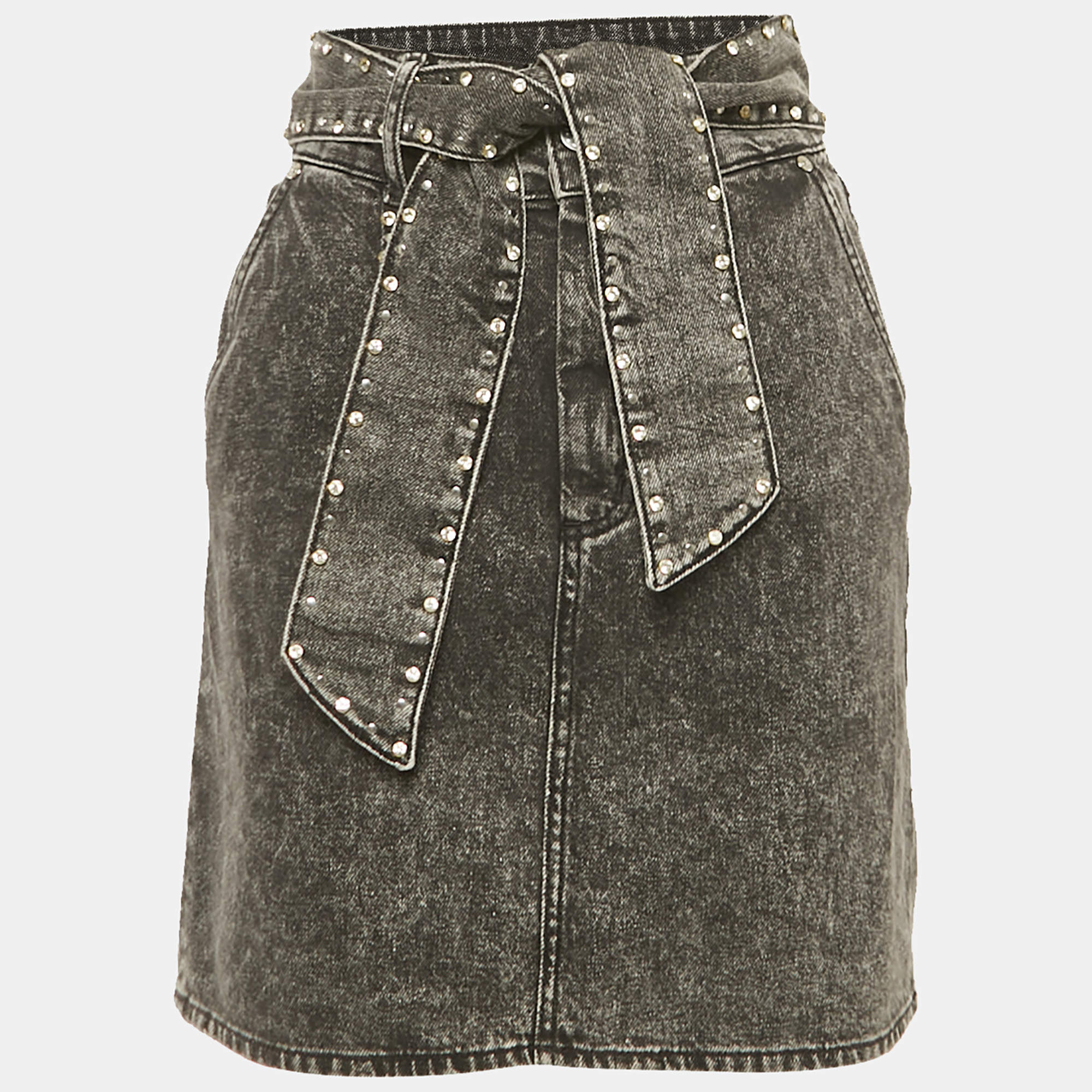 Pre Owned Sandro Black Denim Stud Detail Belted Mini Skirt S