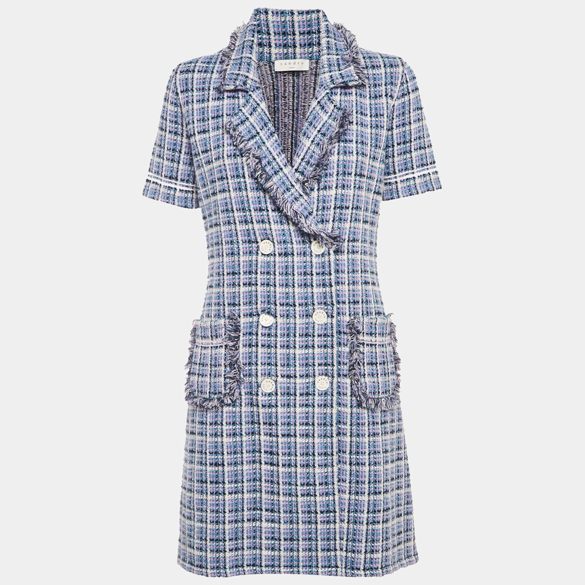 Pre Owned Sandro Purple Tweed Double Breasted Mini Dress M