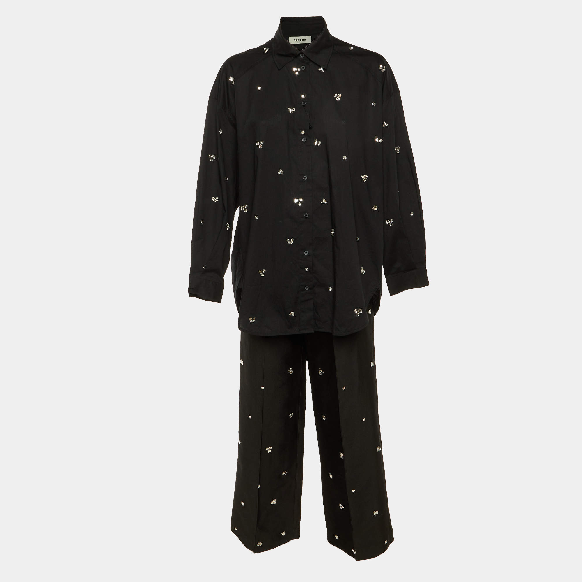 Pre Owned Sandro Black Cotton & Faille Rhinestone Embellished Shirt & Trousers Set S/M