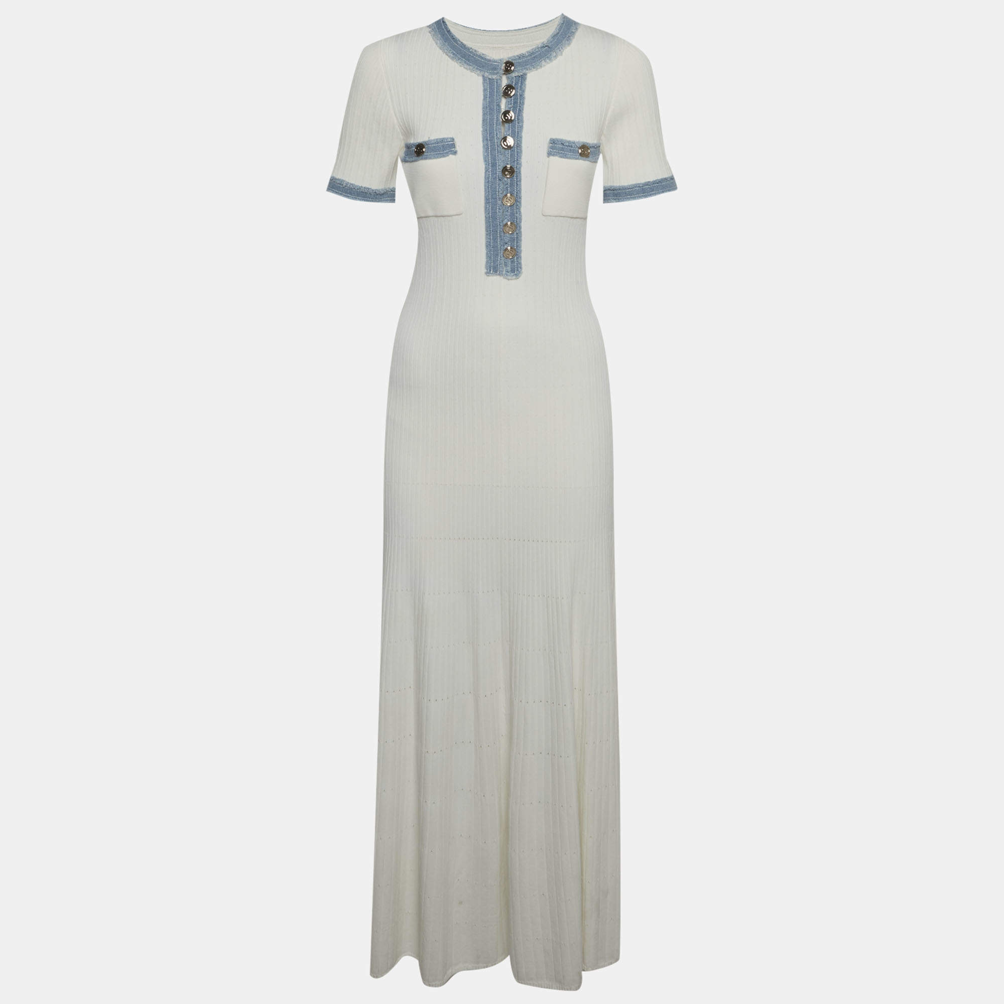 مملوكة مسبقًا فستان ساندرو أبيض محبوك بحافة دنيم أليسيا متوسط الحجم