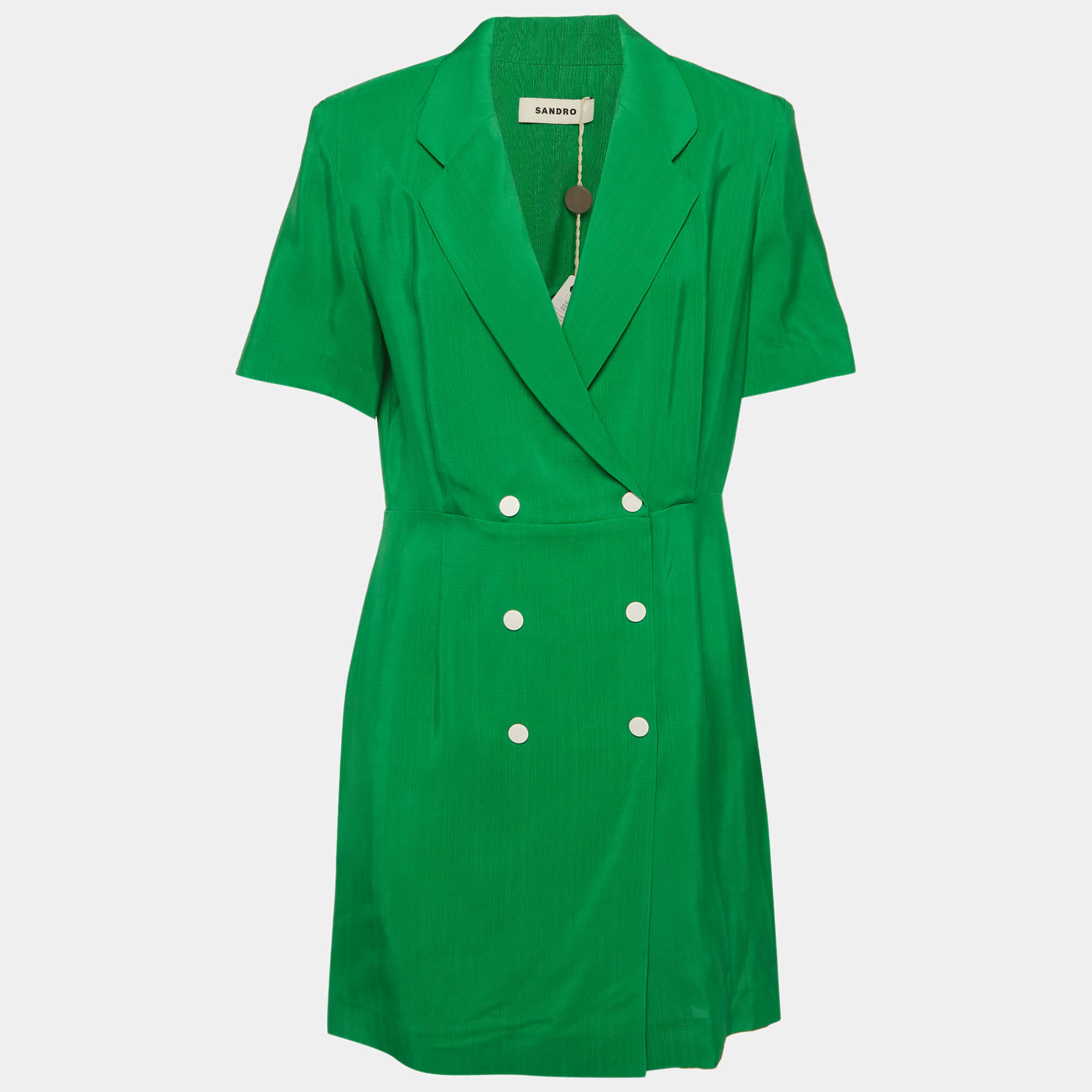 Pre Owned Sandro Green Textured Crepe Double Breasted Mini Dress XL
