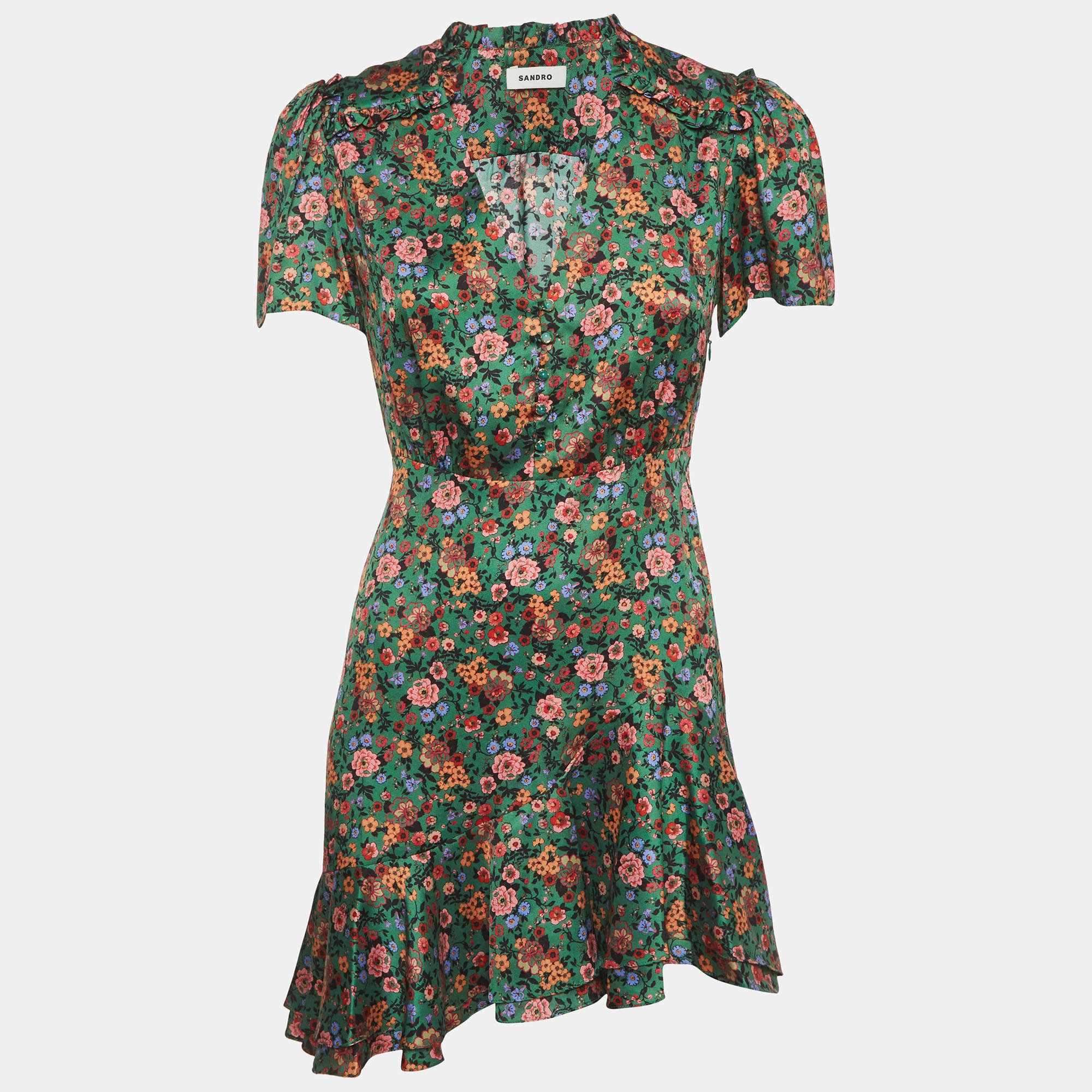 Pre Owned Sandro Green Floral Print Sateen Ruffle Marta Mini Dress S