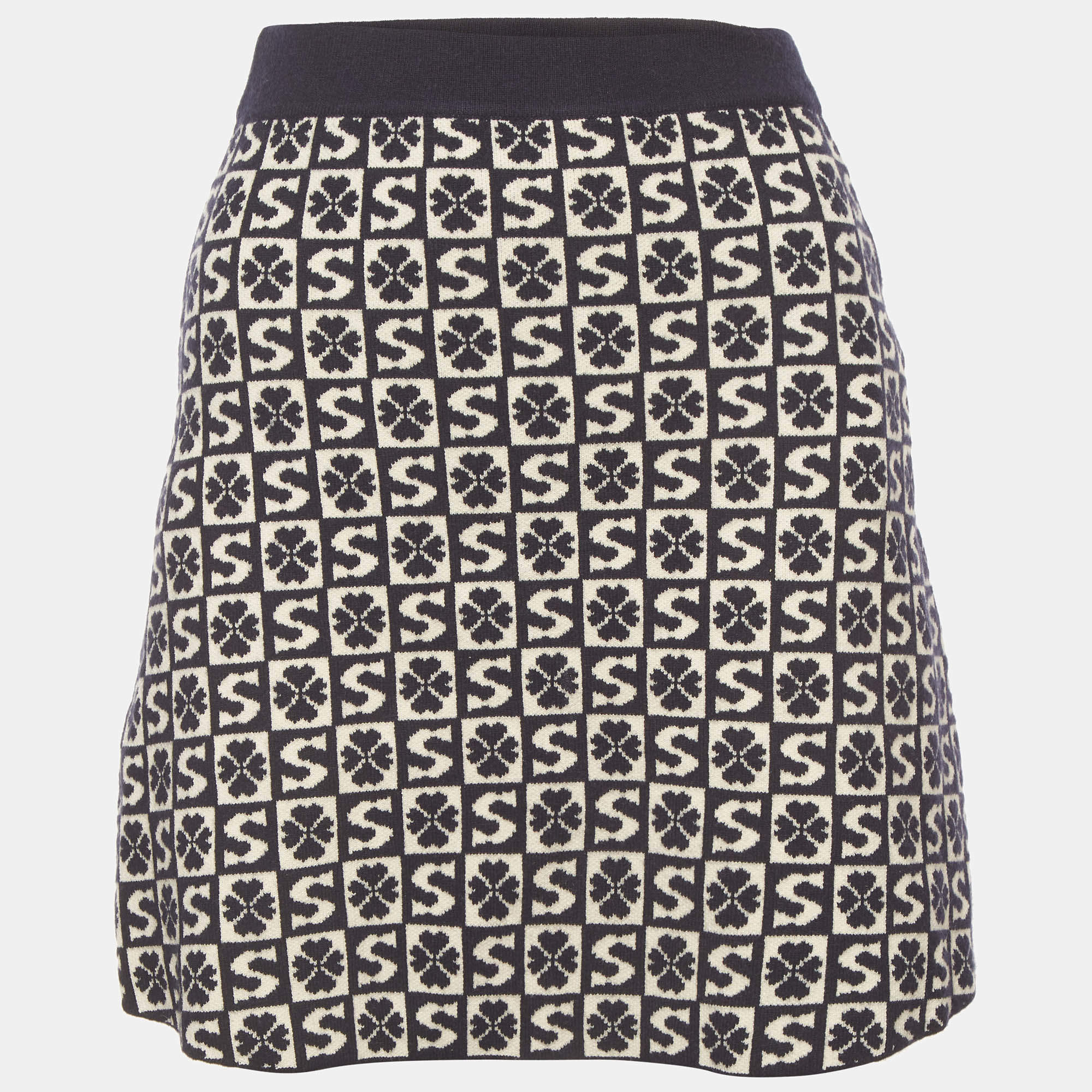 Pre Owned Sandro Navy Blue Monogram Flared Felicie Mini Skirt 