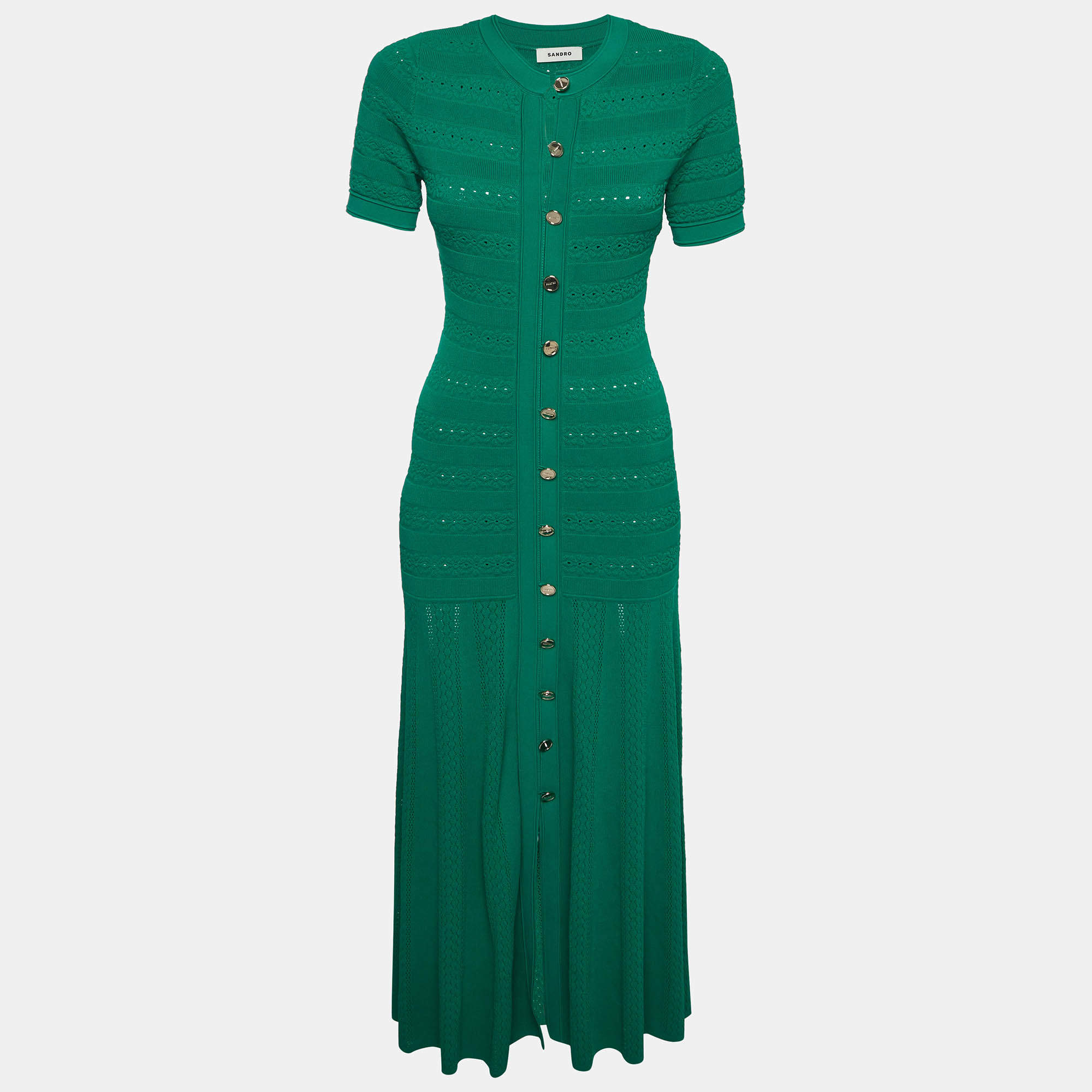 Pre Owned Sandro Green Stripe Pointelle Knit Button Front Milona Maxi Dress M