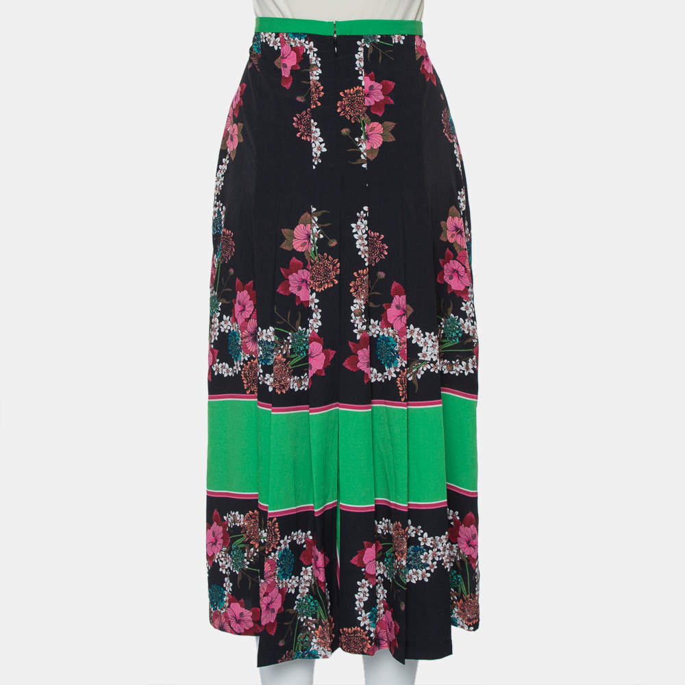 Sandro Black & Green Printed Chiffon Pleated Midi Skirt L
