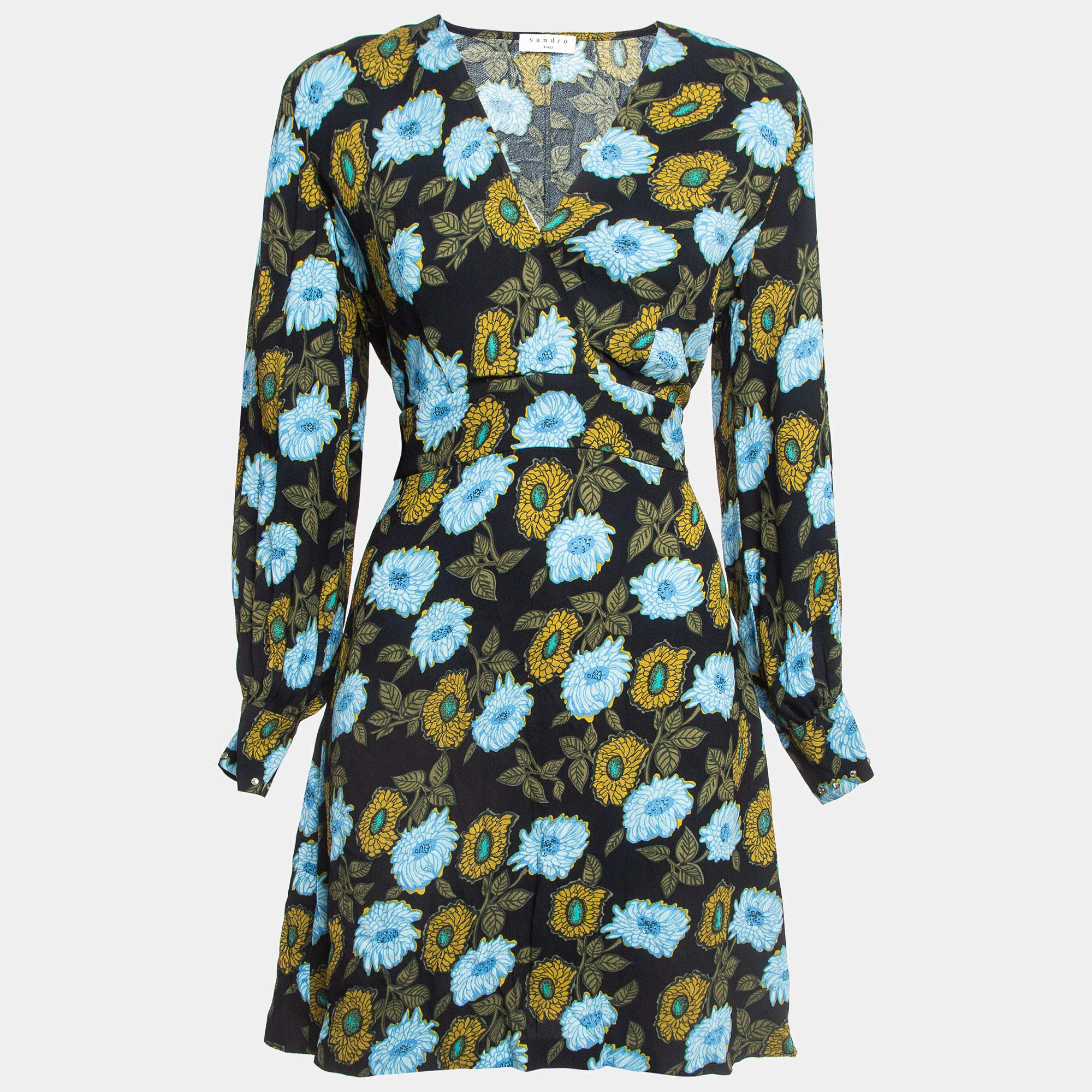Pre Owned Sandro Black Floral Printed Crepe Mini Dress M