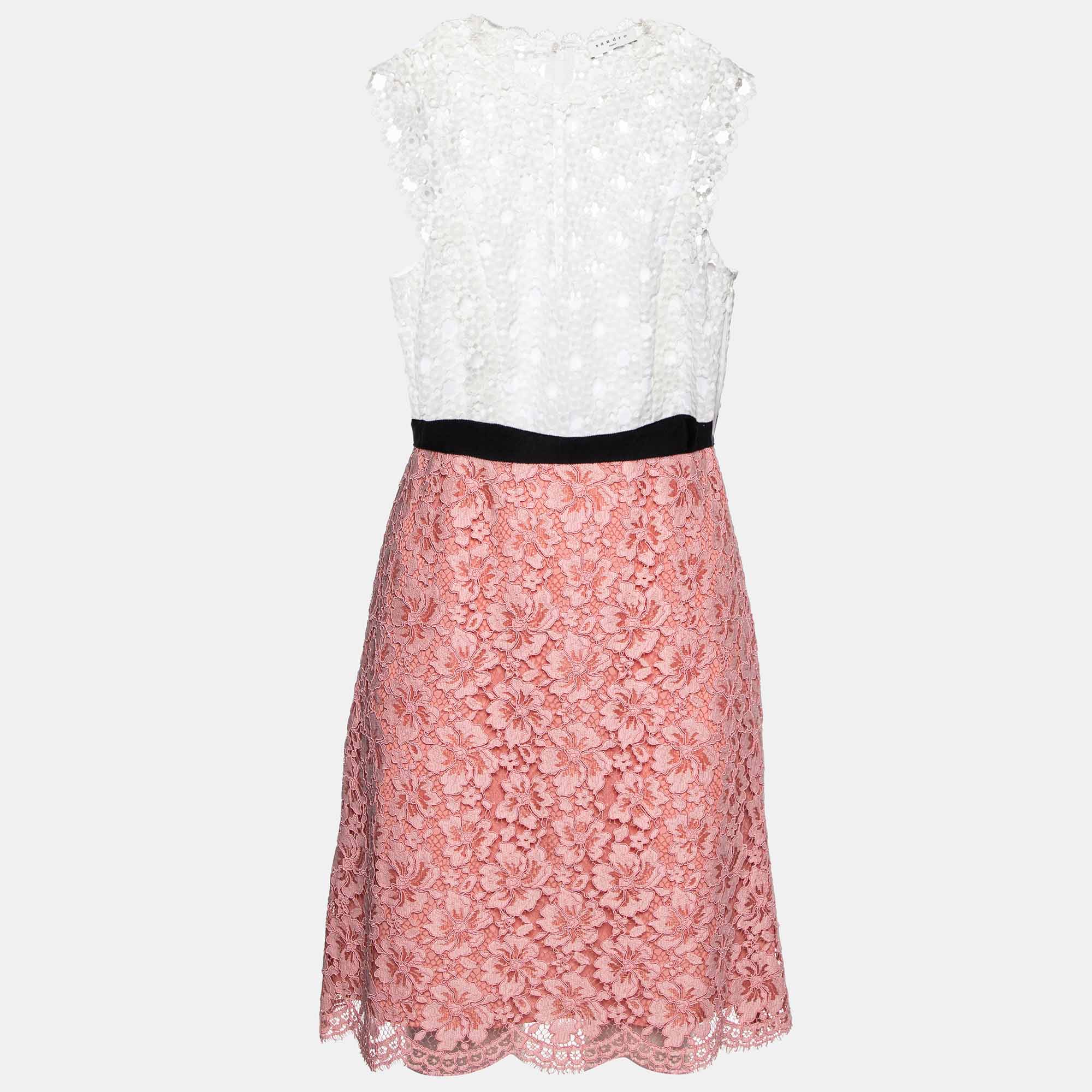 Pre Owned Sandro White/Pink Lace Gab Sleeveless Dress L