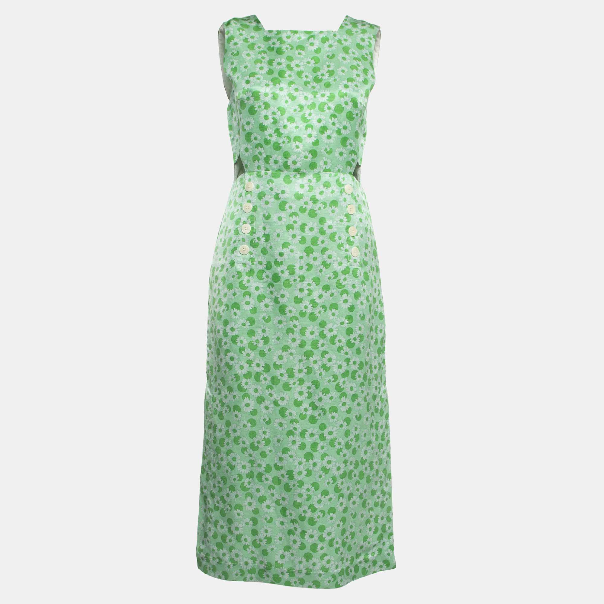 Sandro Green Ashley Floral Print Linen Blend Midi Dress S