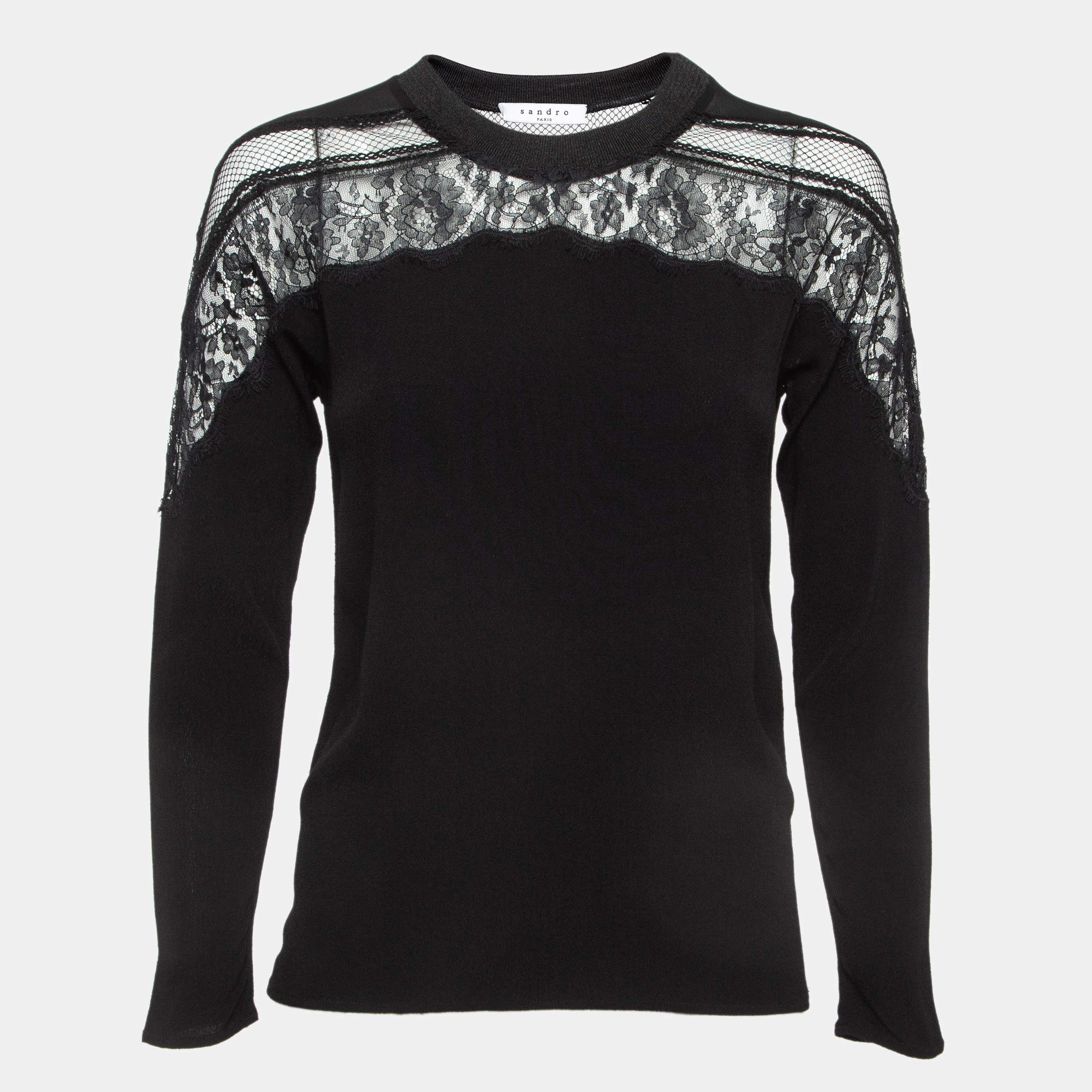 Pre Owned Sandro Black Lace Trim Crepe Crew Neck Top S