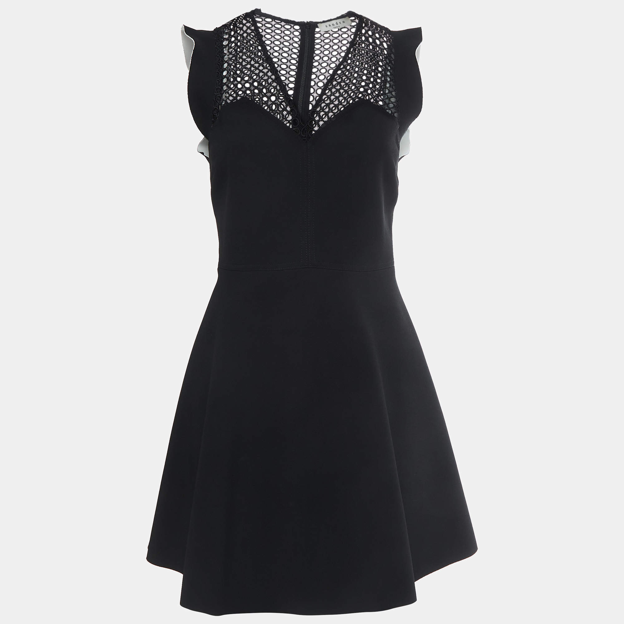 Pre Owned Sandro Black Lace Trim Stretch Crepe V-Neck Mini Dress M