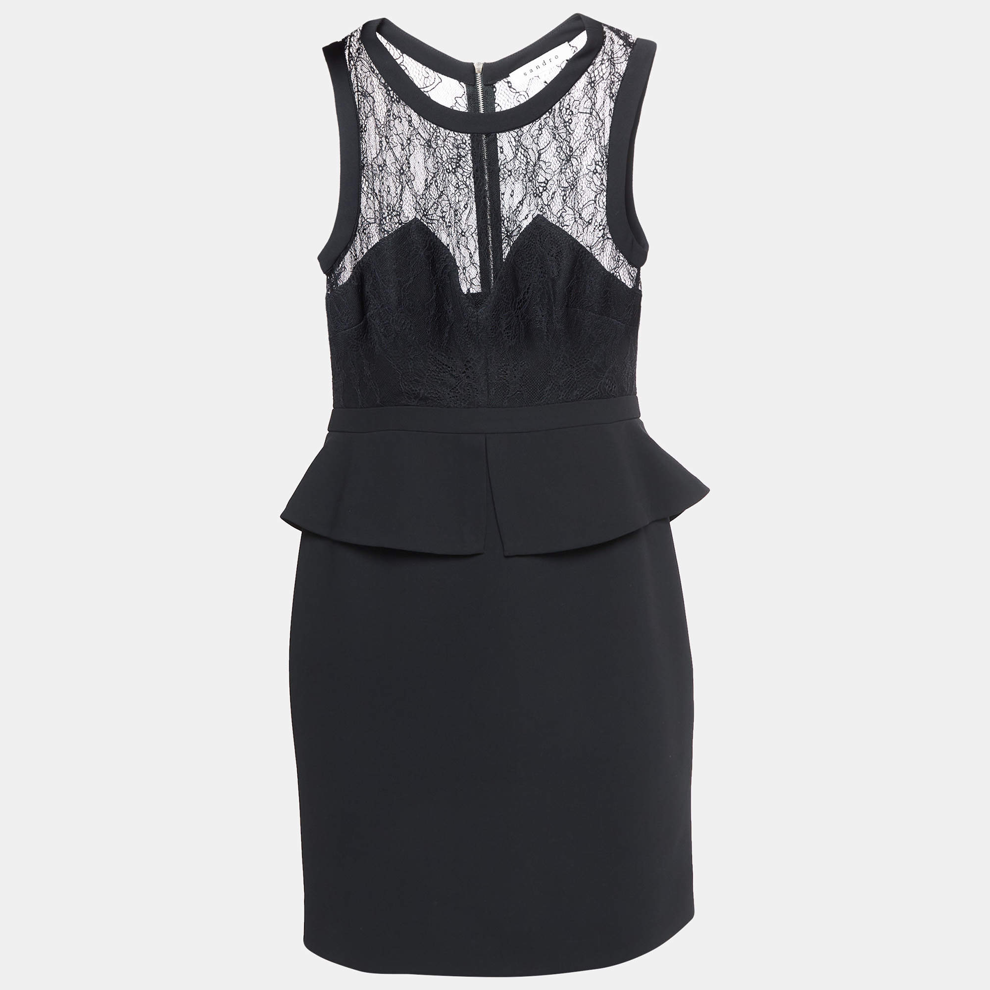Pre Owned Sandro Black Lace And Crepe Peplum Mini Dress M