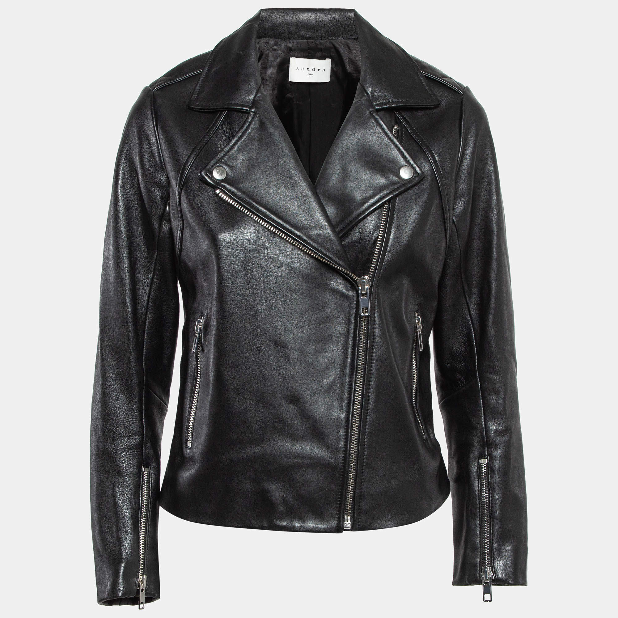 Sandro Black Lambskin Leather Zip-Up Jacket L