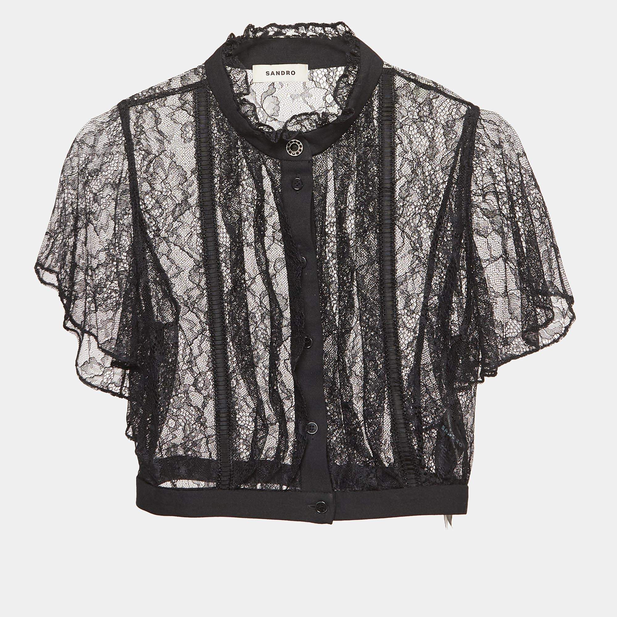 Sandro Black Lace Sheer Crop Top XS