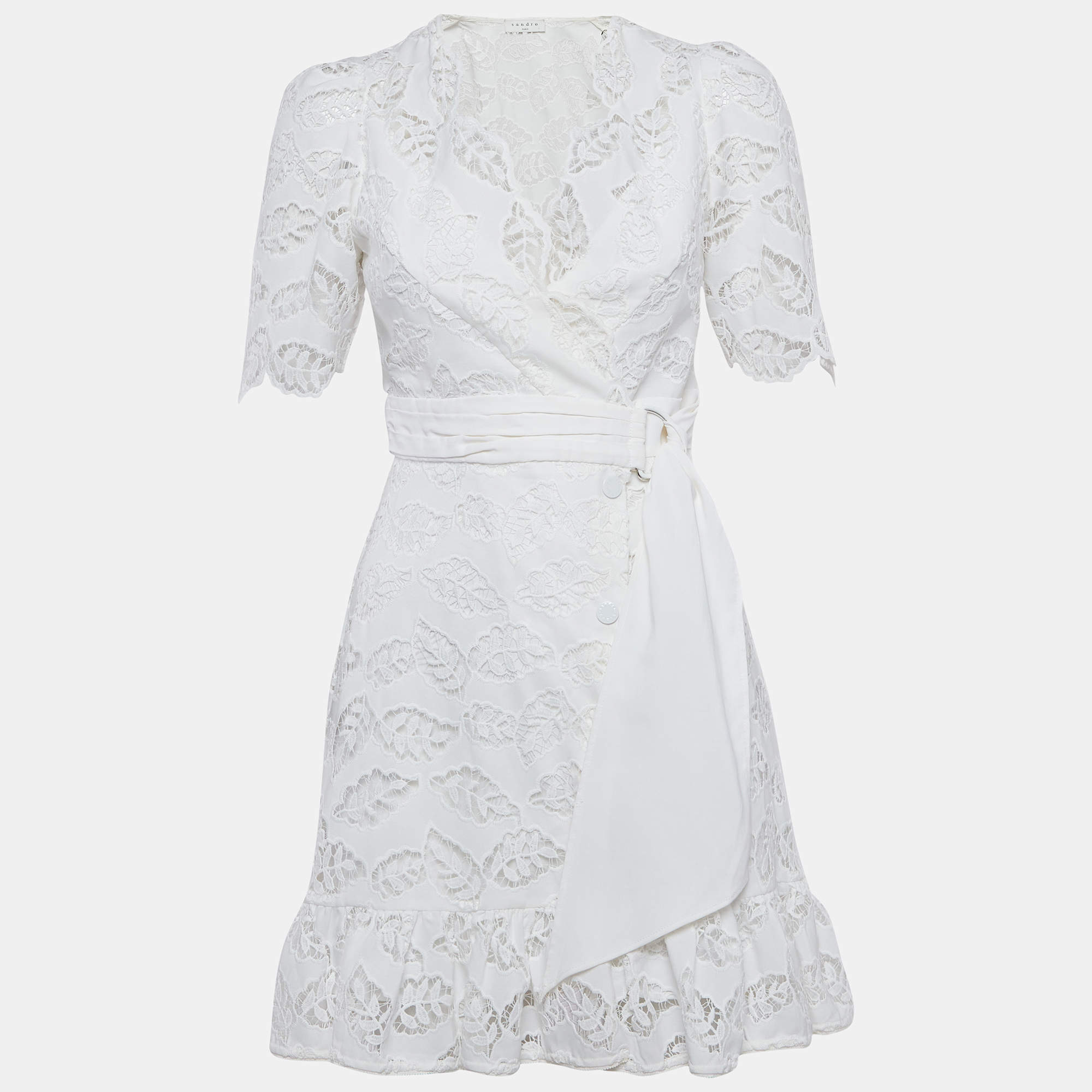 Pre Owned Sandro White Lace Belted Mini Dress S