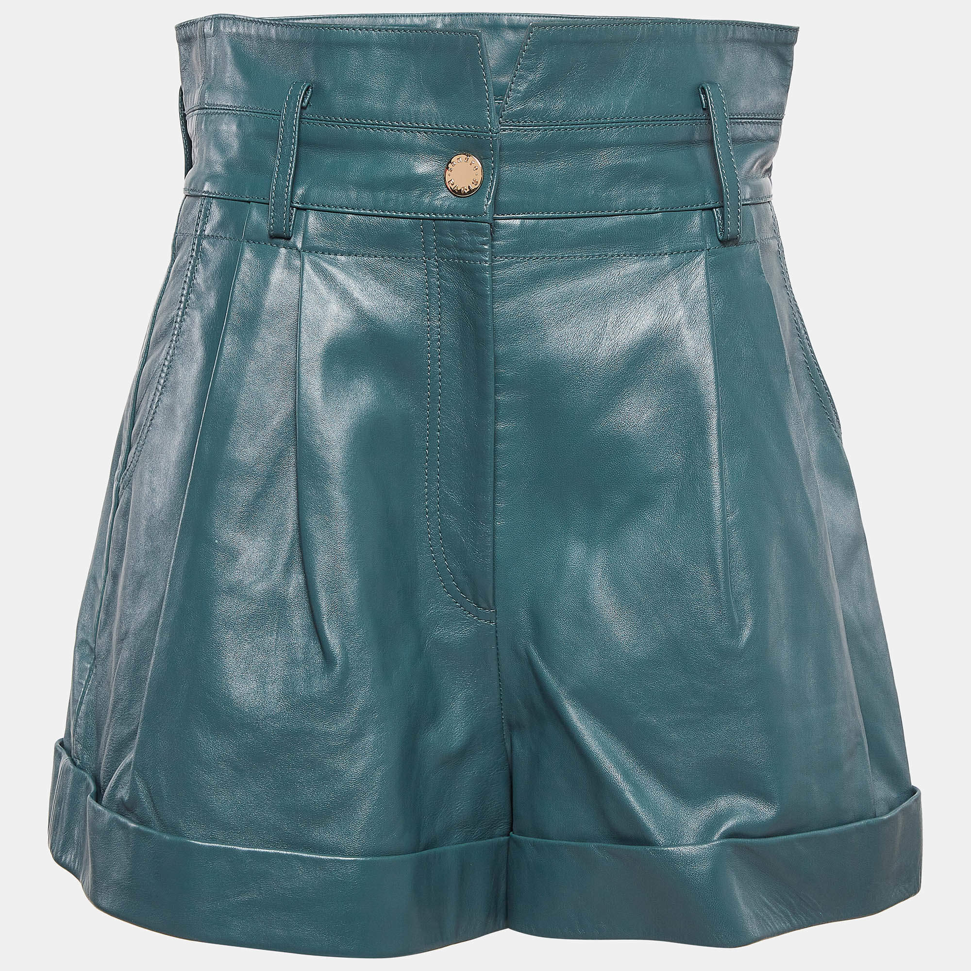 Sandro Green Leather Pleated Shorts L