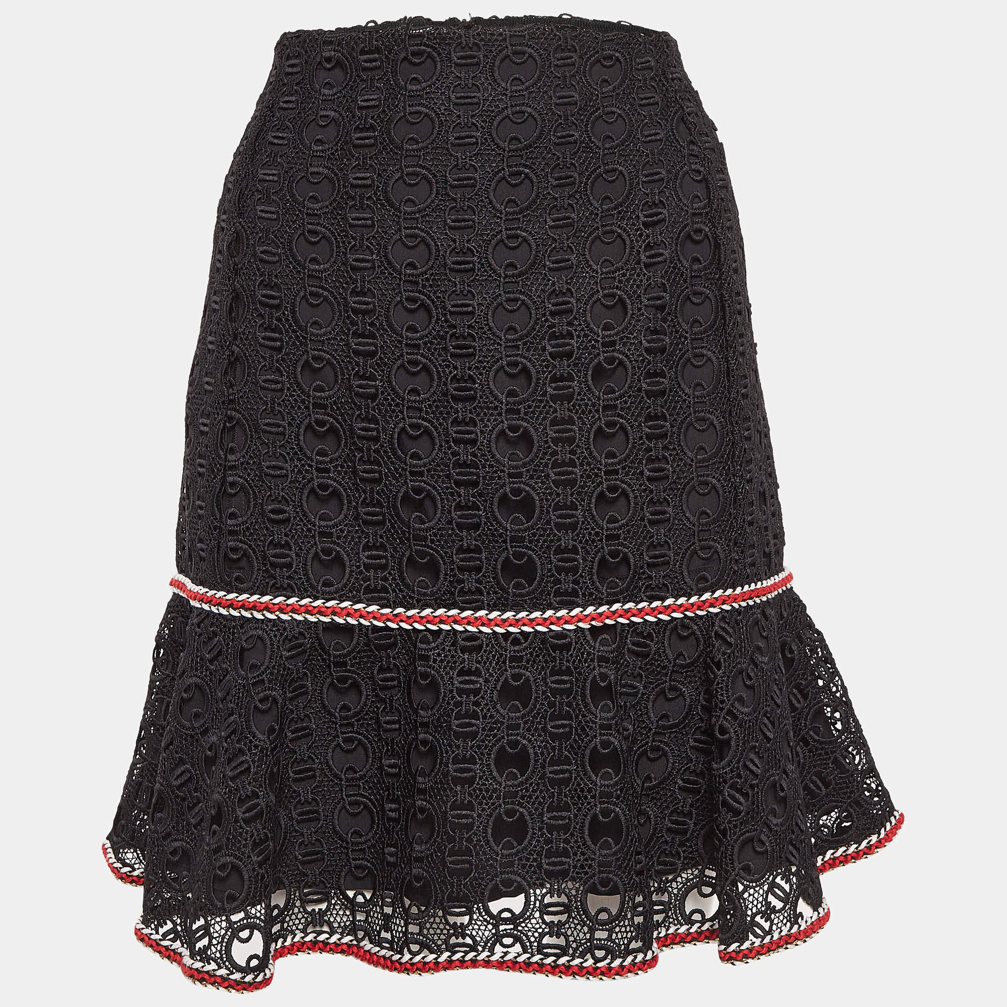 Pre Owned Sandro Black Richard Chain-Link Lace Flounce Skirt L