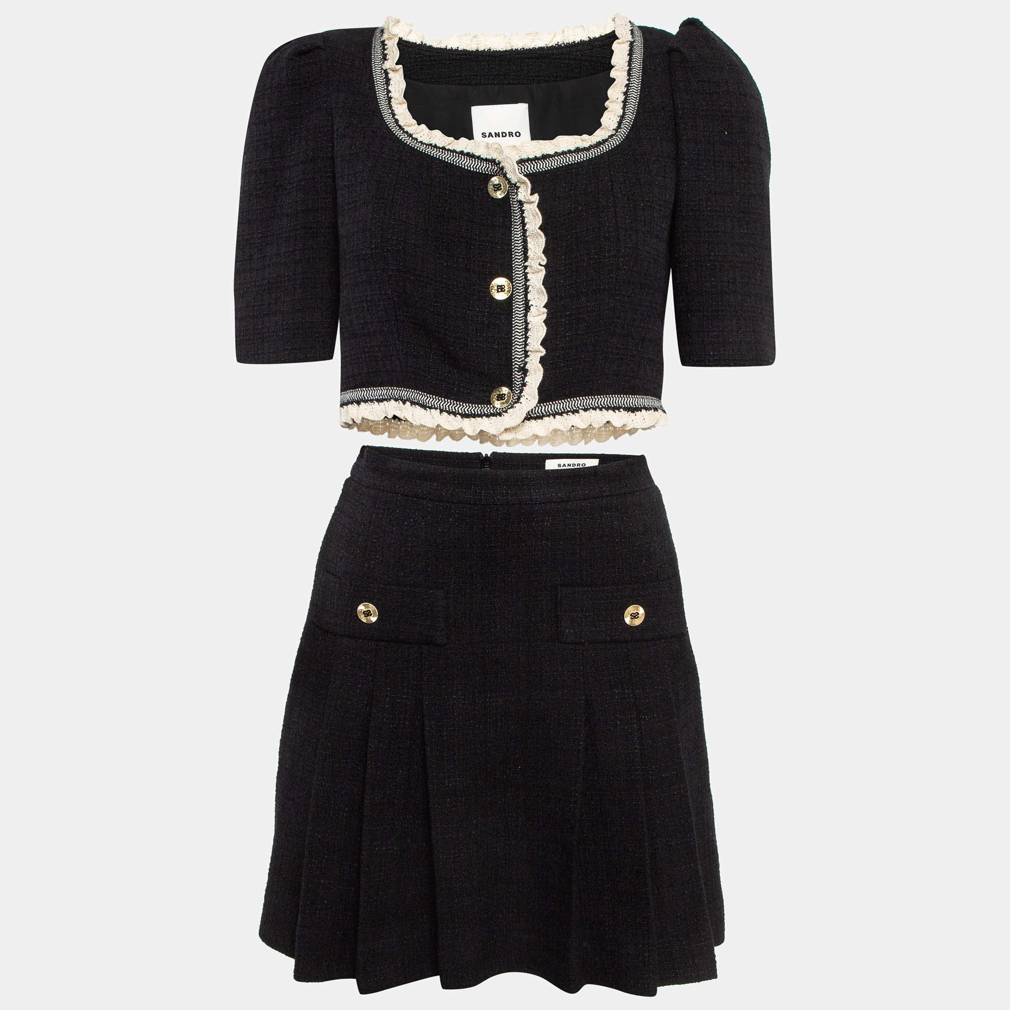 Sandro Black Tweed Crop Jacket and Mini Skirt Set (S/XS)